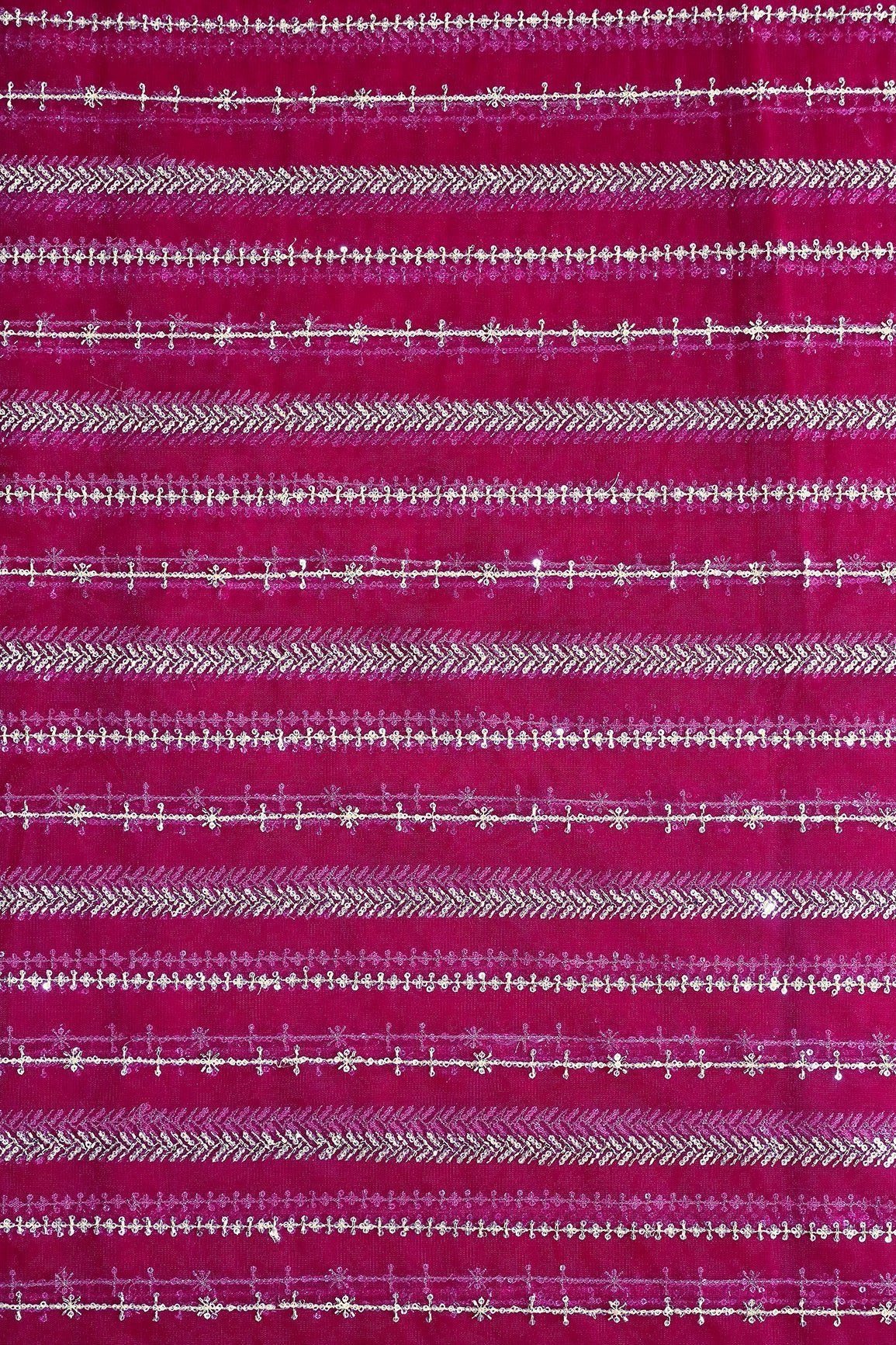 Gold Beads With Gold Sequins Beautiful Stripes Embroidery Work On Fuchsia Soft Net Fabric - doeraa