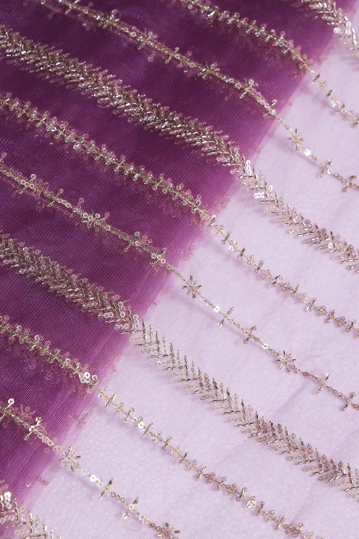 Gold Beads With Gold Sequins Beautiful Stripes Embroidery Work On Lavender Soft Net Fabric - doeraa