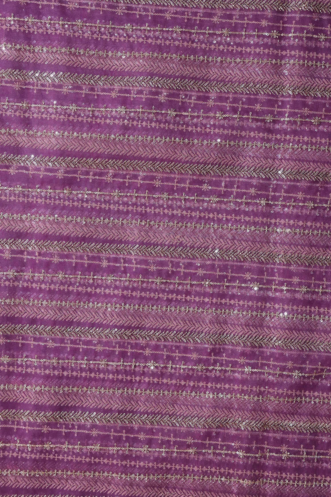 Gold Beads With Gold Sequins Beautiful Stripes Embroidery Work On Lavender Soft Net Fabric - doeraa