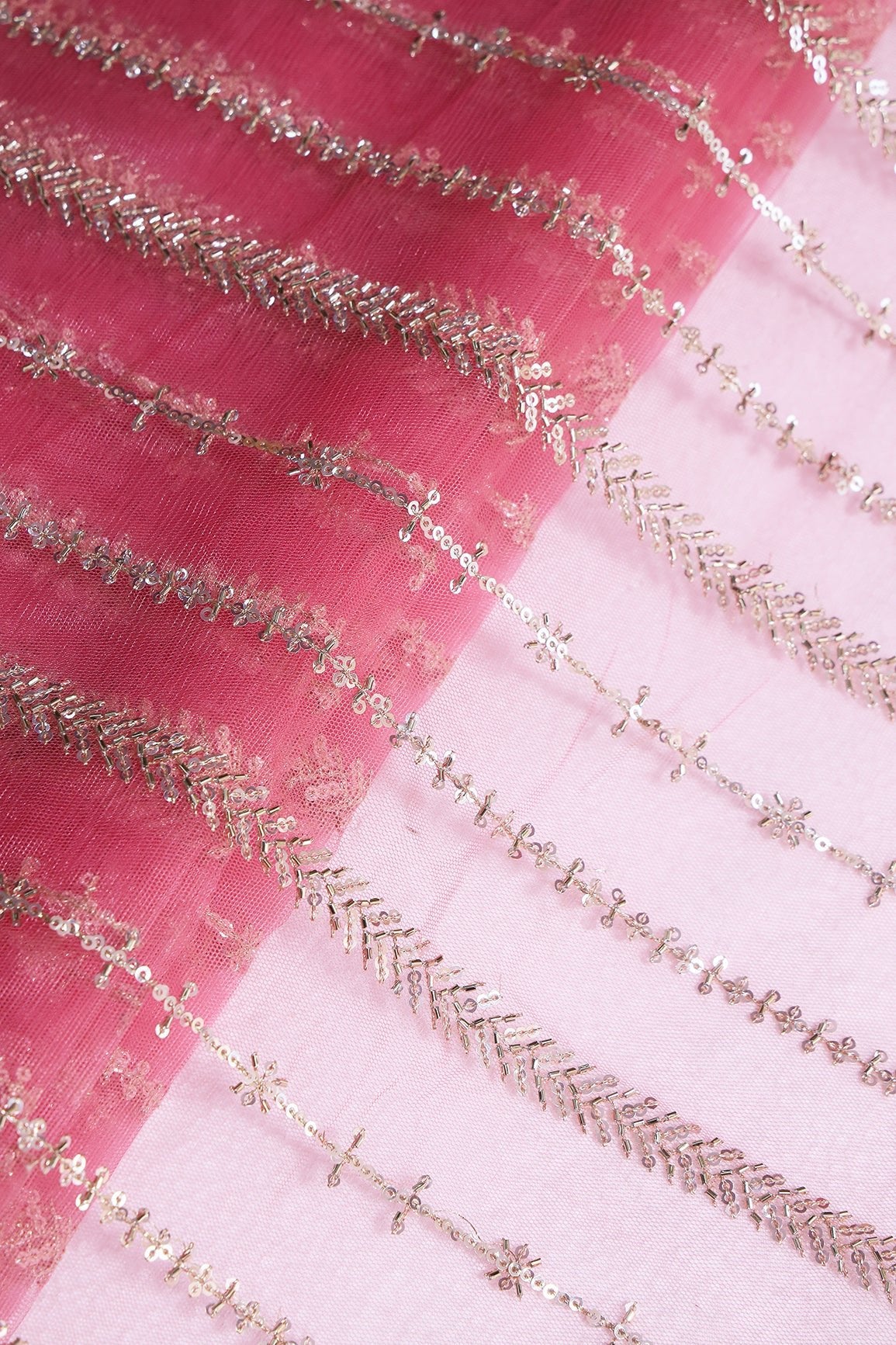 Gold Beads With Gold Sequins Beautiful Stripes Embroidery Work On Pink Soft Net Fabric - doeraa