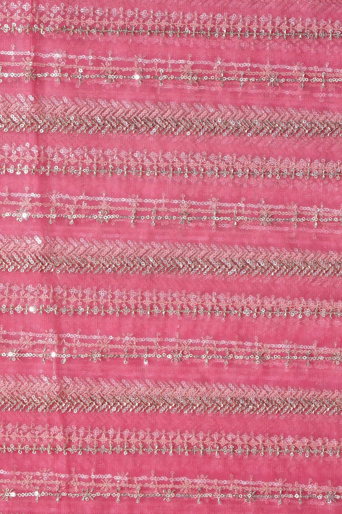 Gold Beads With Gold Sequins Beautiful Stripes Embroidery Work On Pink Soft Net Fabric - doeraa