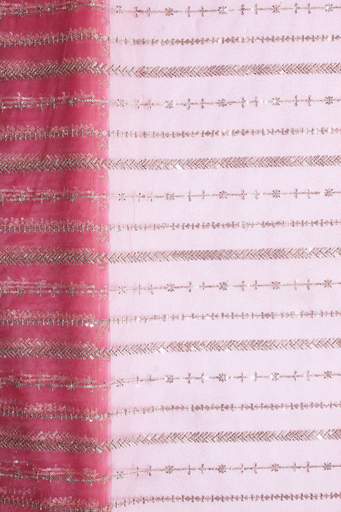 Gold Beads With Gold Sequins Beautiful Stripes Embroidery Work On Pink Soft Net Fabric - doeraa
