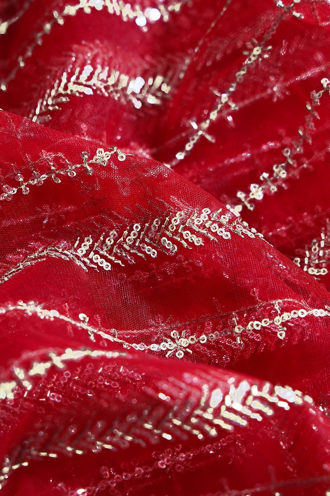 Gold Beads With Gold Sequins Beautiful Stripes Embroidery Work On Red Soft Net Fabric - doeraa