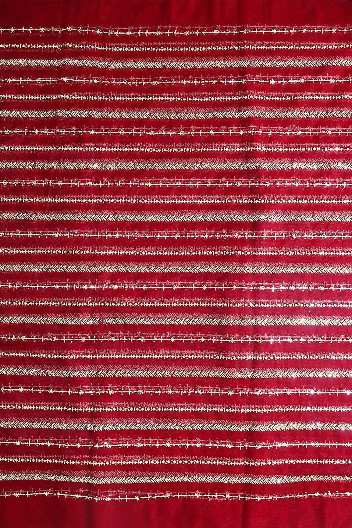 Gold Beads With Gold Sequins Beautiful Stripes Embroidery Work On Red Soft Net Fabric - doeraa