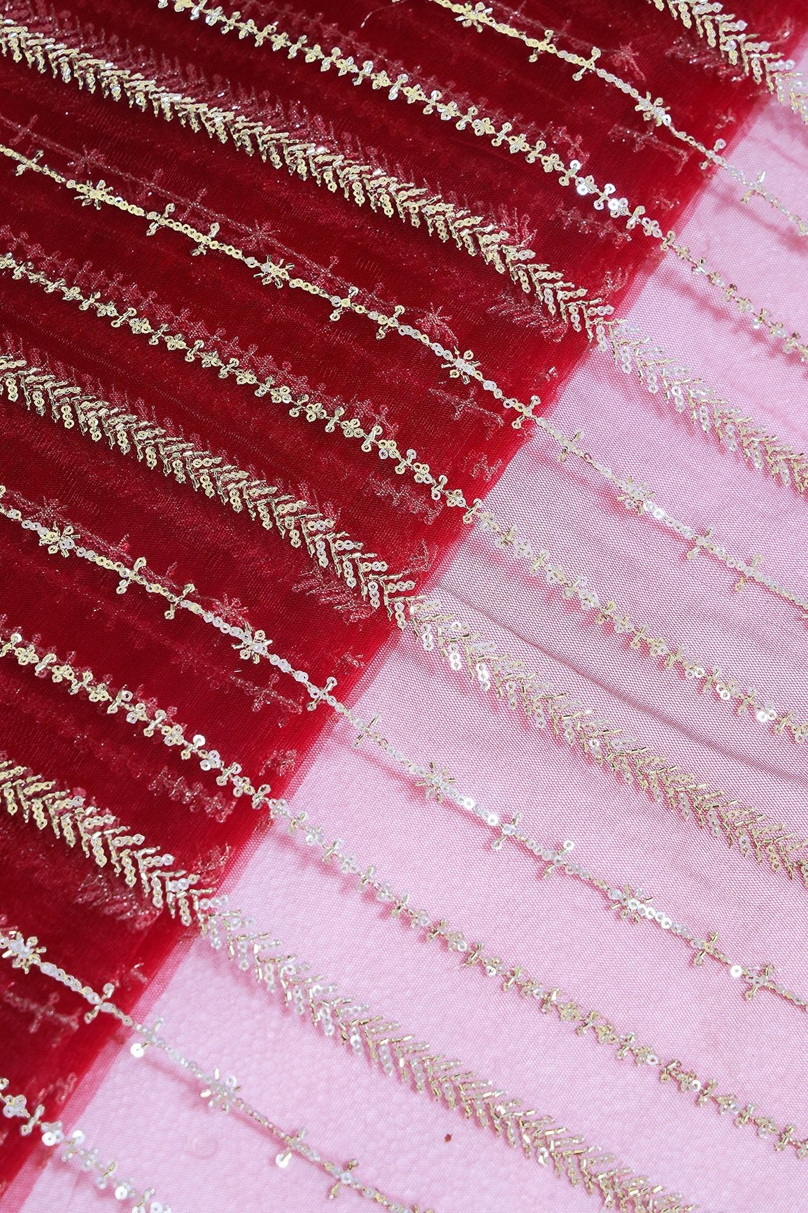 Gold Beads With Gold Sequins Beautiful Stripes Embroidery Work On Red Soft Net Fabric - doeraa