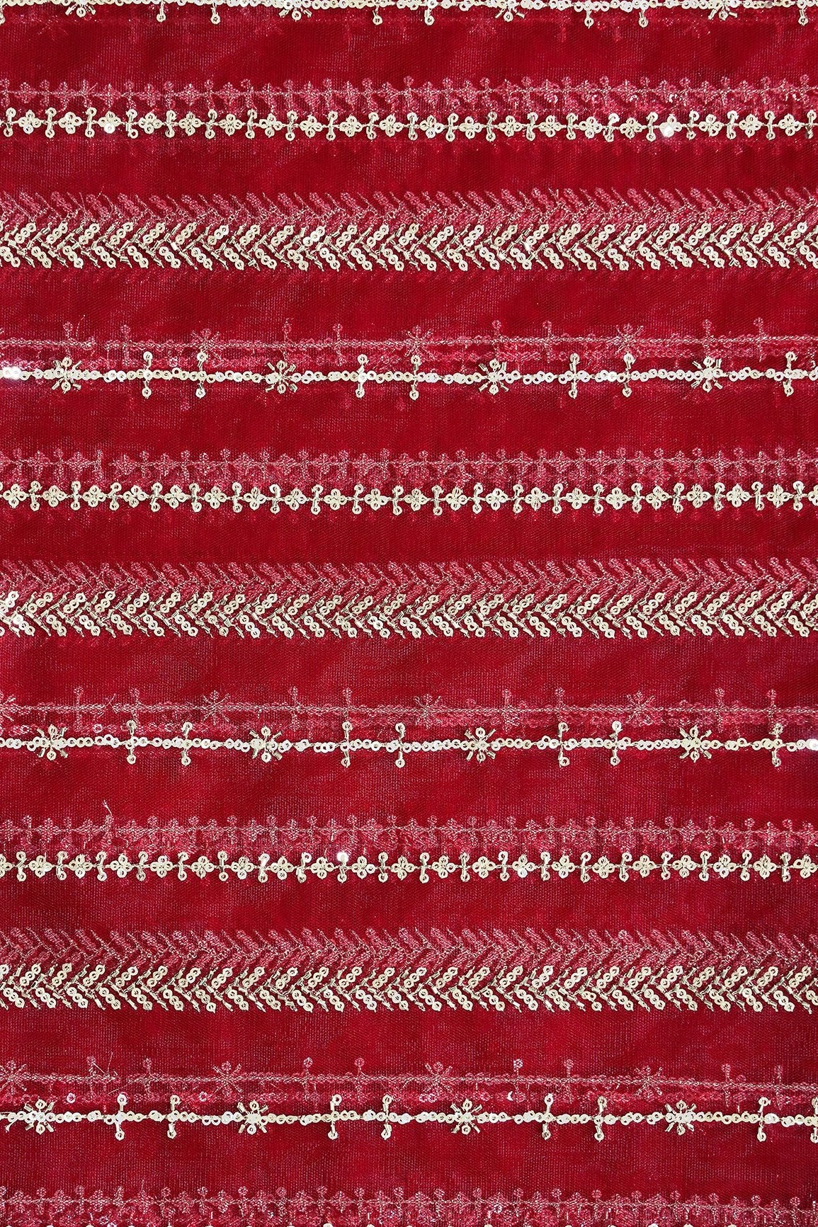 Gold Beads With Gold Sequins Beautiful Stripes Embroidery Work On Red Soft Net Fabric - doeraa