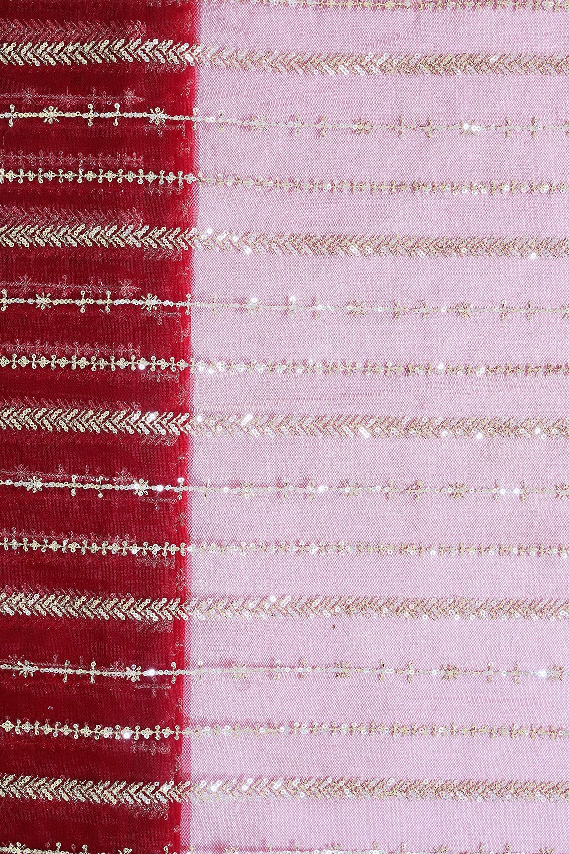 Gold Beads With Gold Sequins Beautiful Stripes Embroidery Work On Red Soft Net Fabric - doeraa