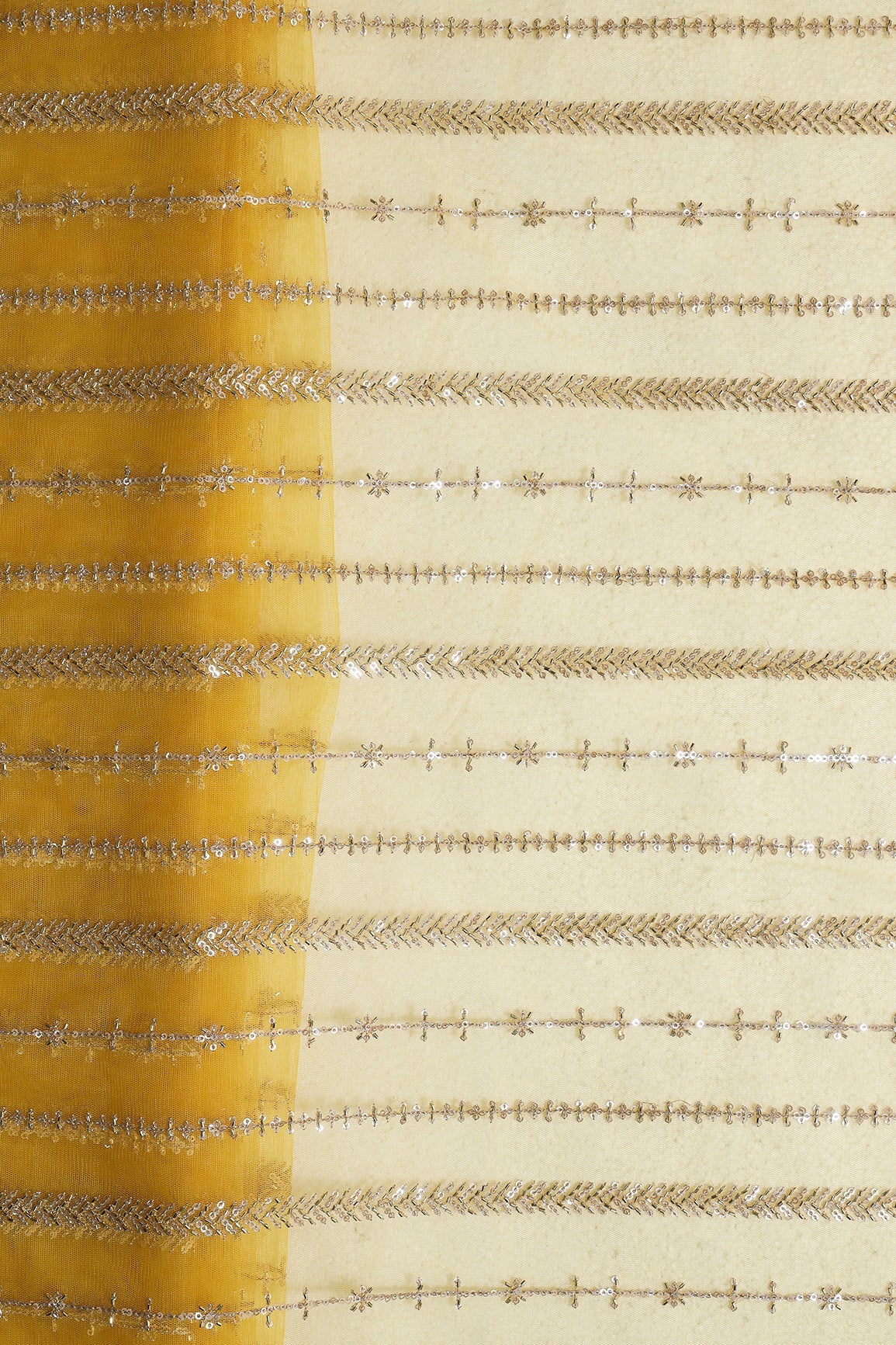 Gold Beads With Gold Sequins Beautiful Stripes Embroidery Work On Yellow Soft Net Fabric - doeraa