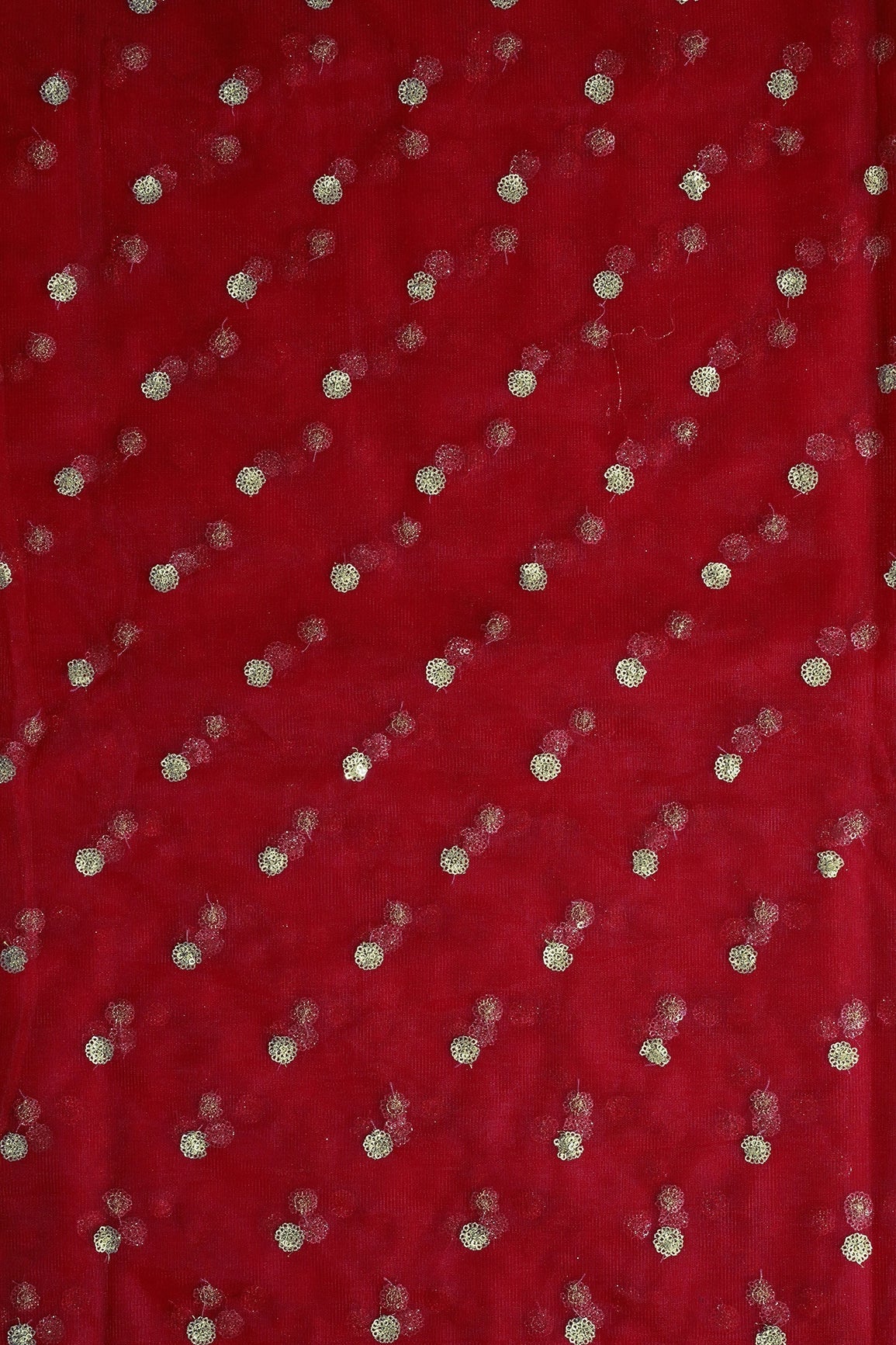 Gold Glitter Sequins Small Motif Embroidery Work On Red Soft Net Fabric - doeraa