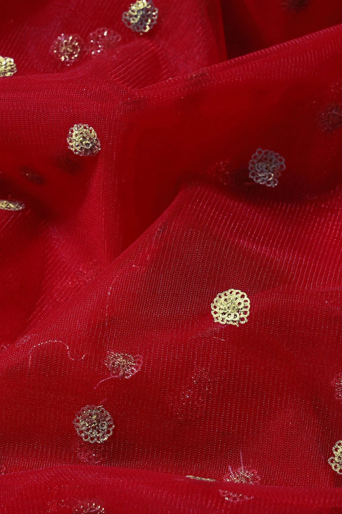 Gold Glitter Sequins Small Motif Embroidery Work On Red Soft Net Fabric - doeraa