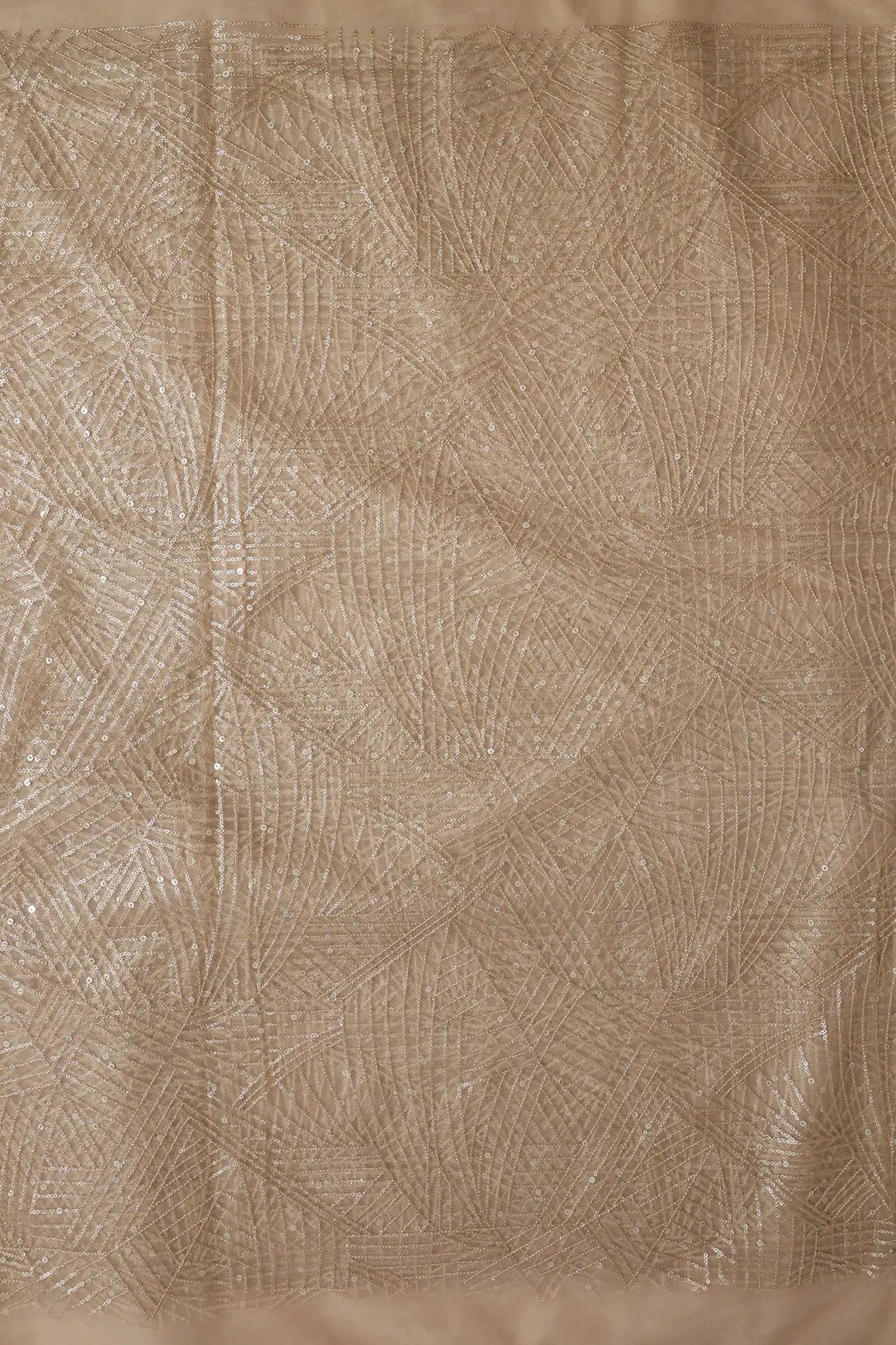 Gold Glitter Small Sequins Geometric Embroidery On Beige Soft Net Fabric - doeraa