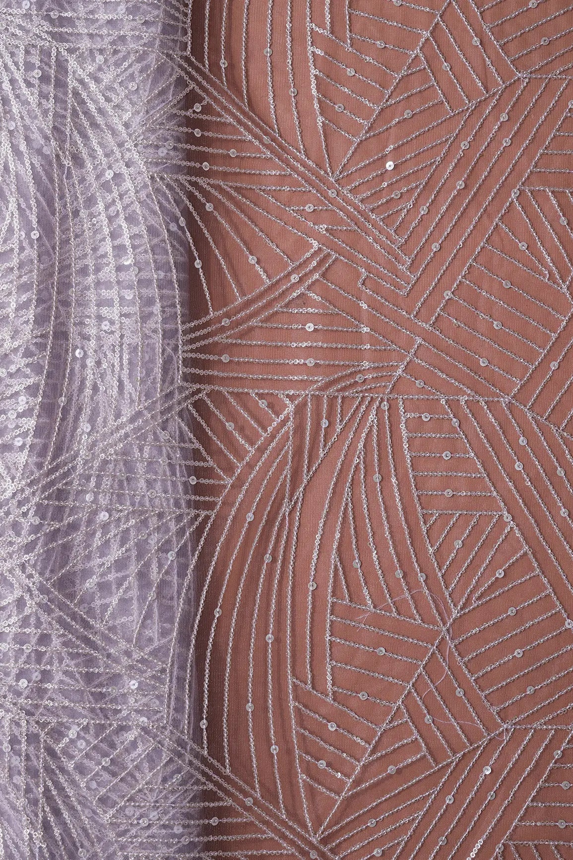 Gold Glitter Small Sequins Geometric Embroidery On Lavender Soft Net Fabric - doeraa