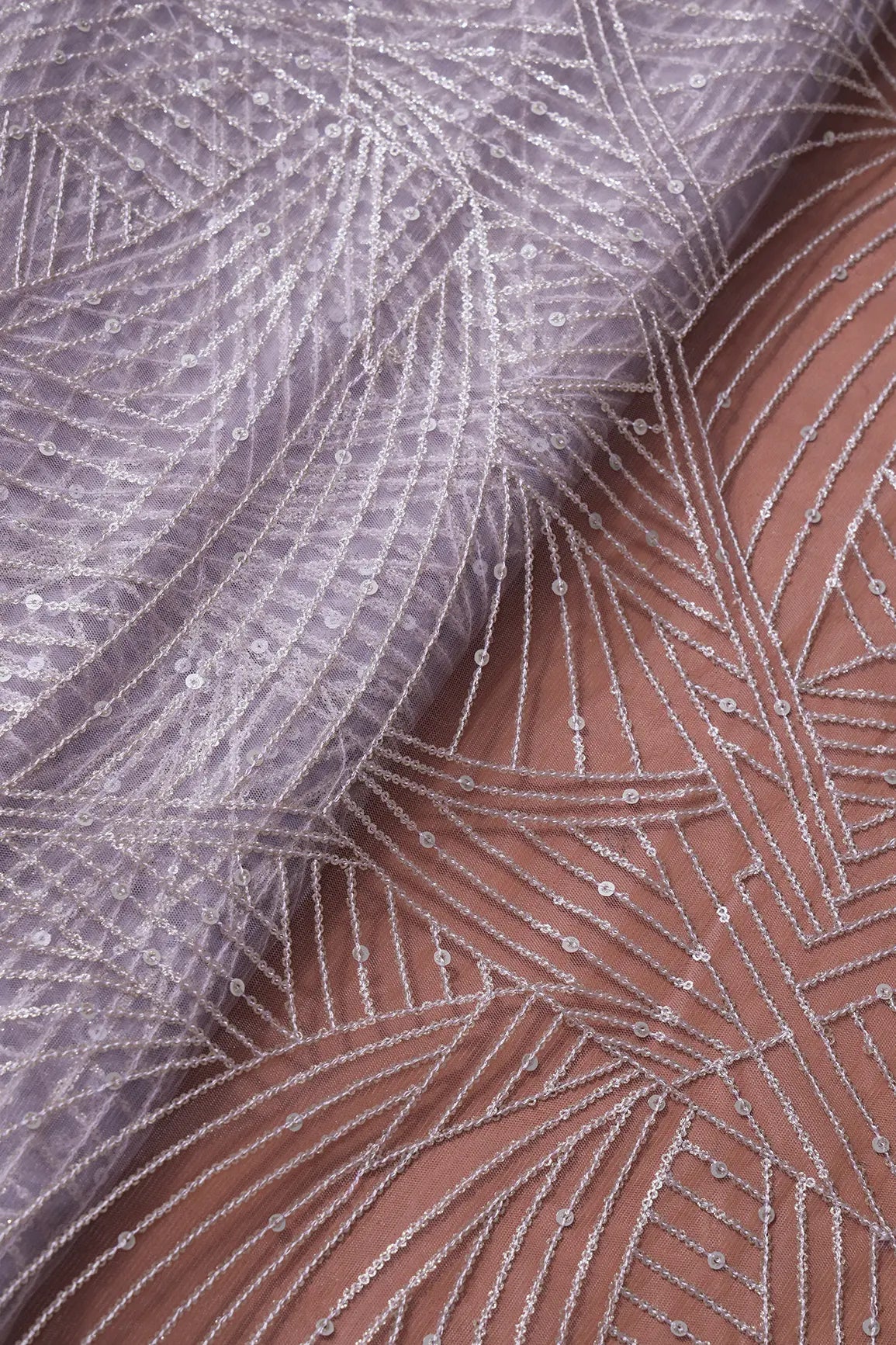 Gold Glitter Small Sequins Geometric Embroidery On Lavender Soft Net Fabric - doeraa