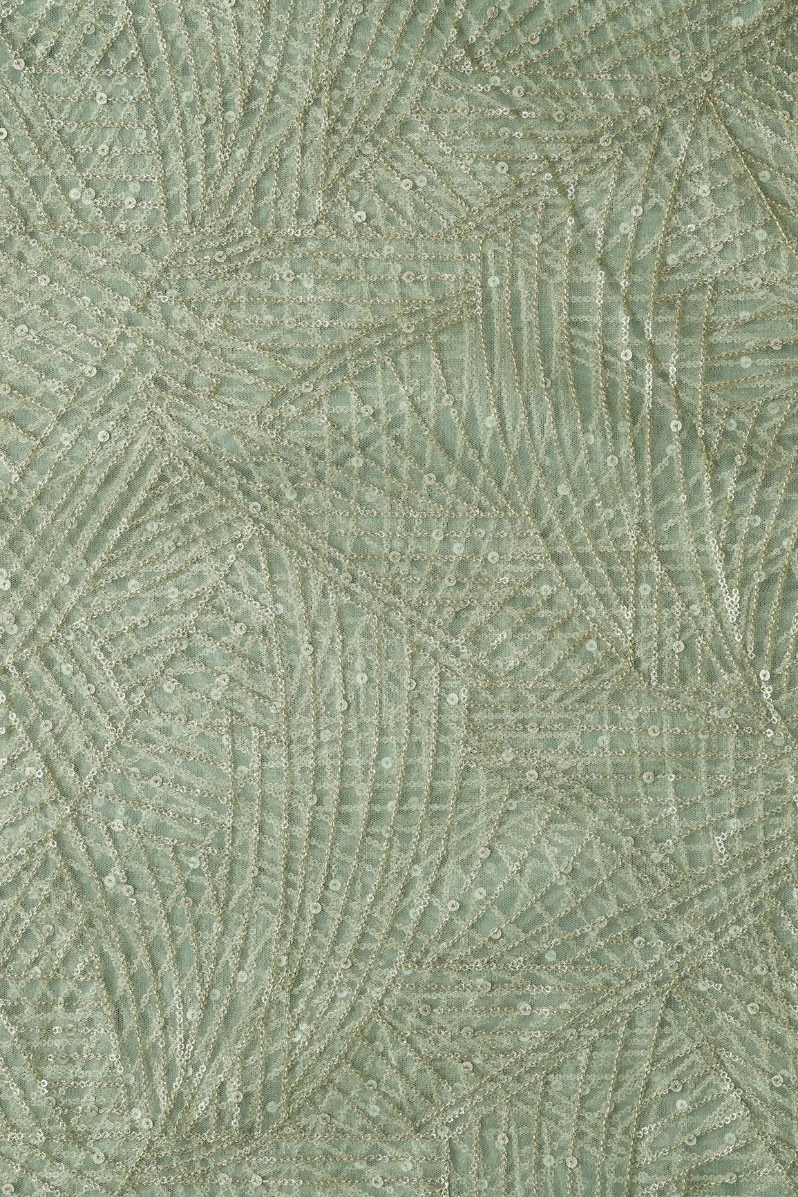 Gold Glitter Small Sequins Geometric Embroidery On Olive Soft Net Fabric - doeraa