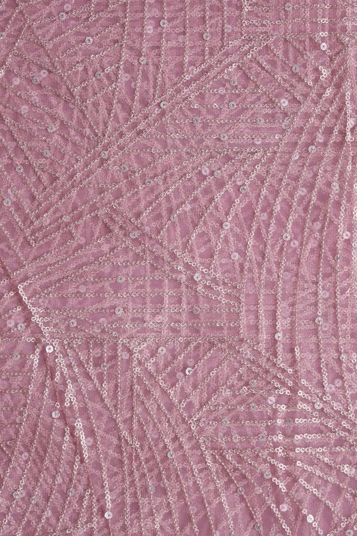 Gold Glitter Small Sequins Geometric Embroidery On Pink Soft Net Fabric - doeraa