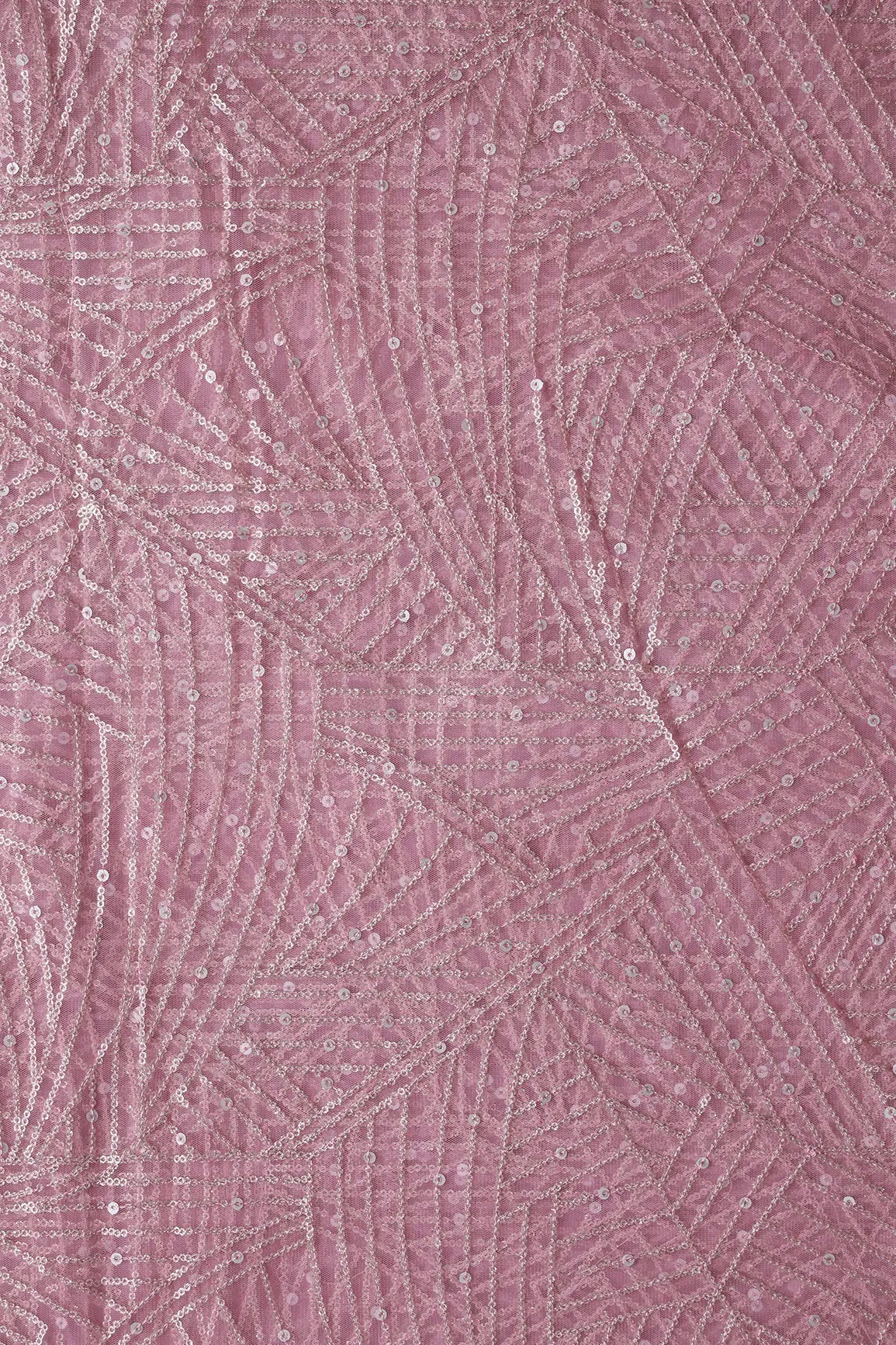 Gold Glitter Small Sequins Geometric Embroidery On Pink Soft Net Fabric - doeraa