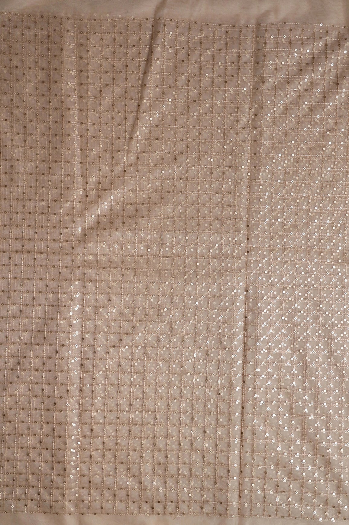 Gold Matt Sequins Small Checks Embroidery Work On Beige Soft Net Fabric - doeraa