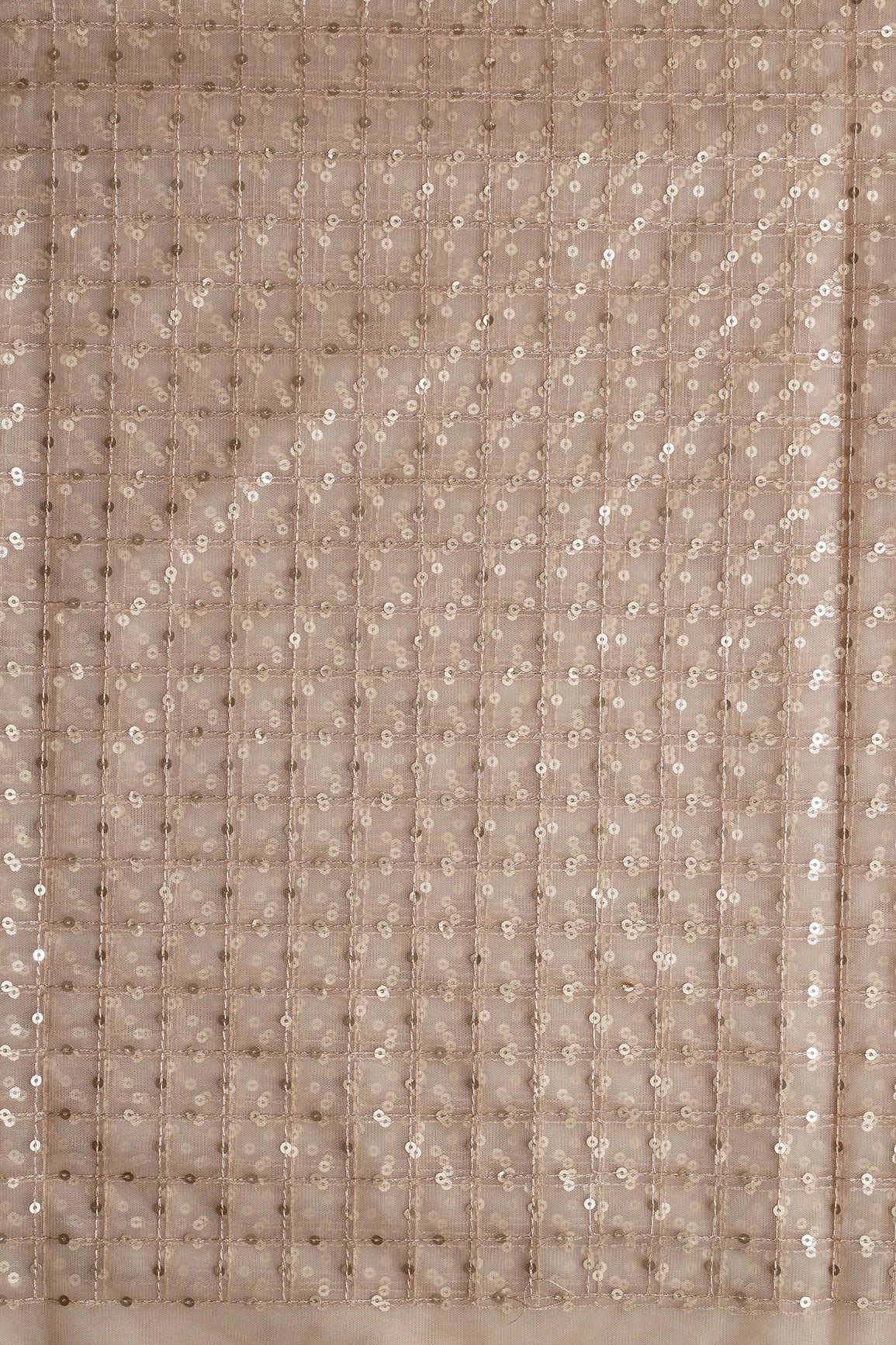 Gold Matt Sequins Small Checks Embroidery Work On Beige Soft Net Fabric - doeraa