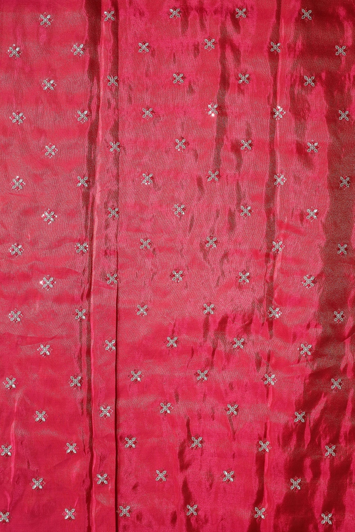 Gold Sequins And Zari Floral Booti Embroidery Work On Cerise Pink Pure Viscose Zari Tissue Fabric - doeraa