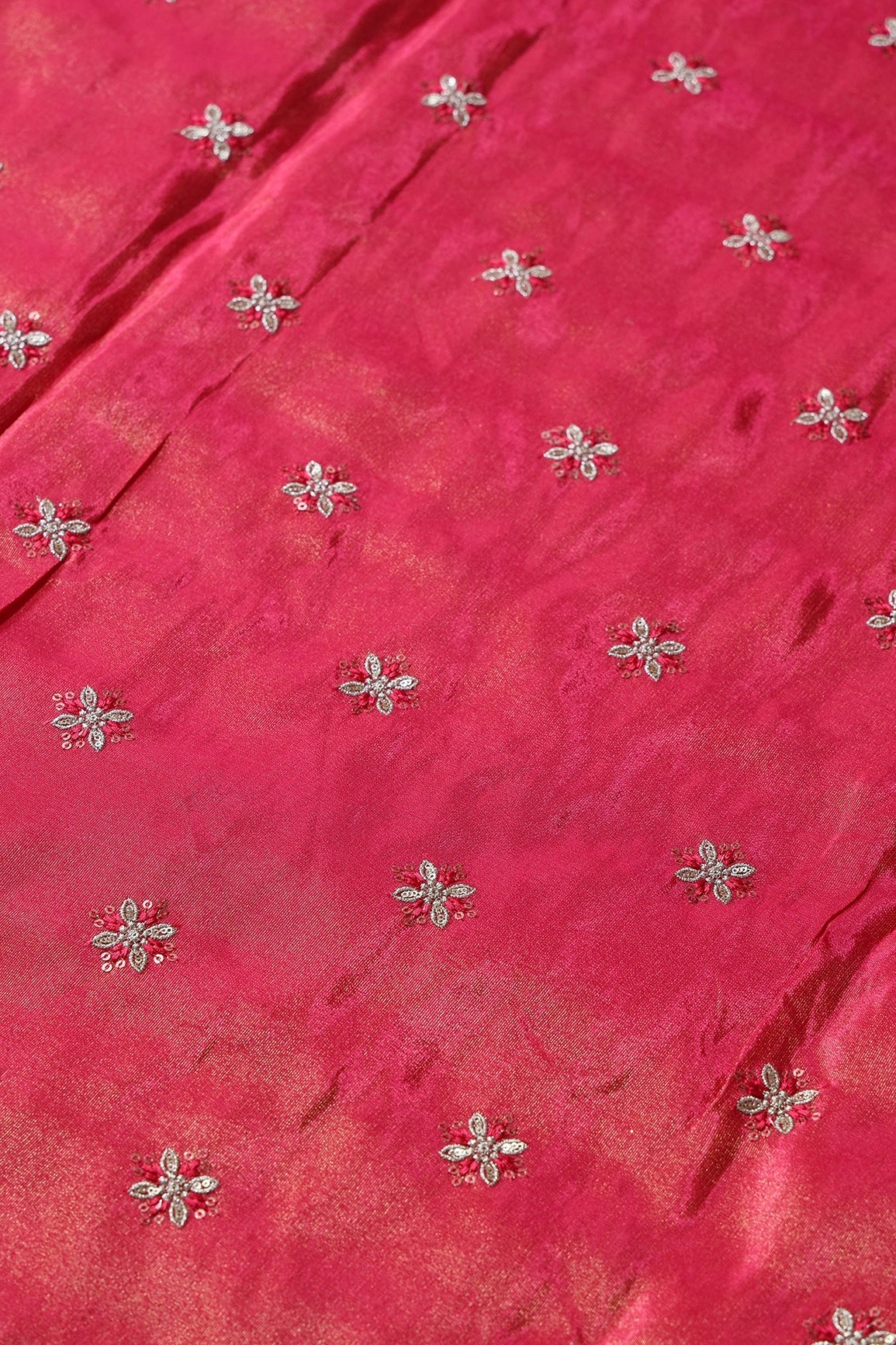 Gold Sequins And Zari Floral Booti Embroidery Work On Cerise Pink Pure Viscose Zari Tissue Fabric - doeraa