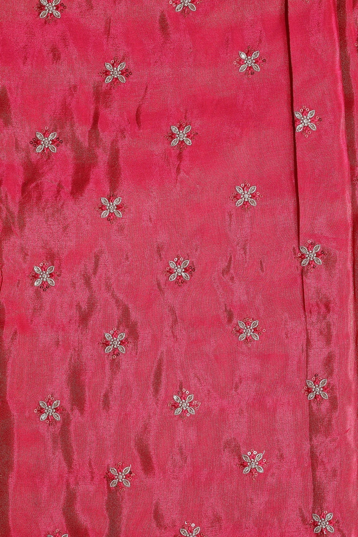 Gold Sequins And Zari Floral Booti Embroidery Work On Cerise Pink Pure Viscose Zari Tissue Fabric - doeraa