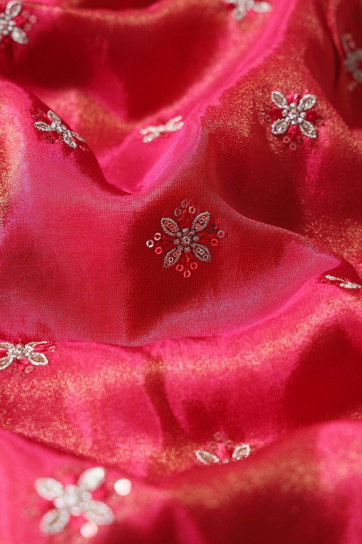 Gold Sequins And Zari Floral Booti Embroidery Work On Cerise Pink Pure Viscose Zari Tissue Fabric - doeraa