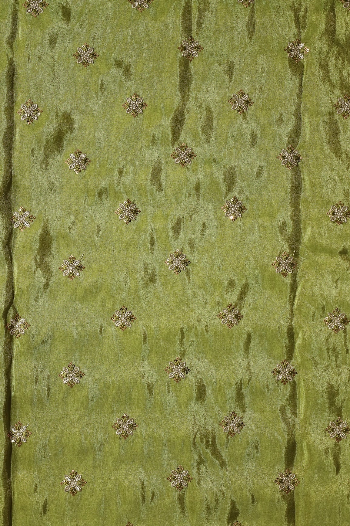 Gold Sequins And Zari Floral Booti Embroidery Work On Olive Green Pure Viscose Zari Tissue Fabric - doeraa