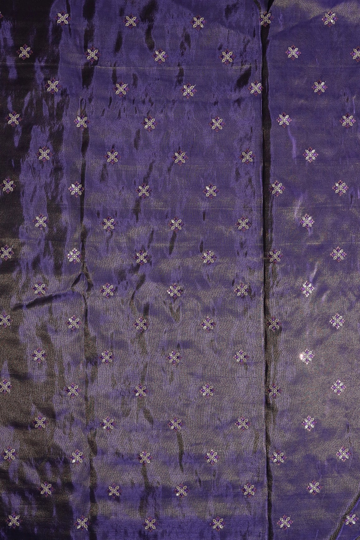 Gold Sequins And Zari Floral Booti Embroidery Work On Purple Pure Viscose Zari Tissue Fabric - doeraa