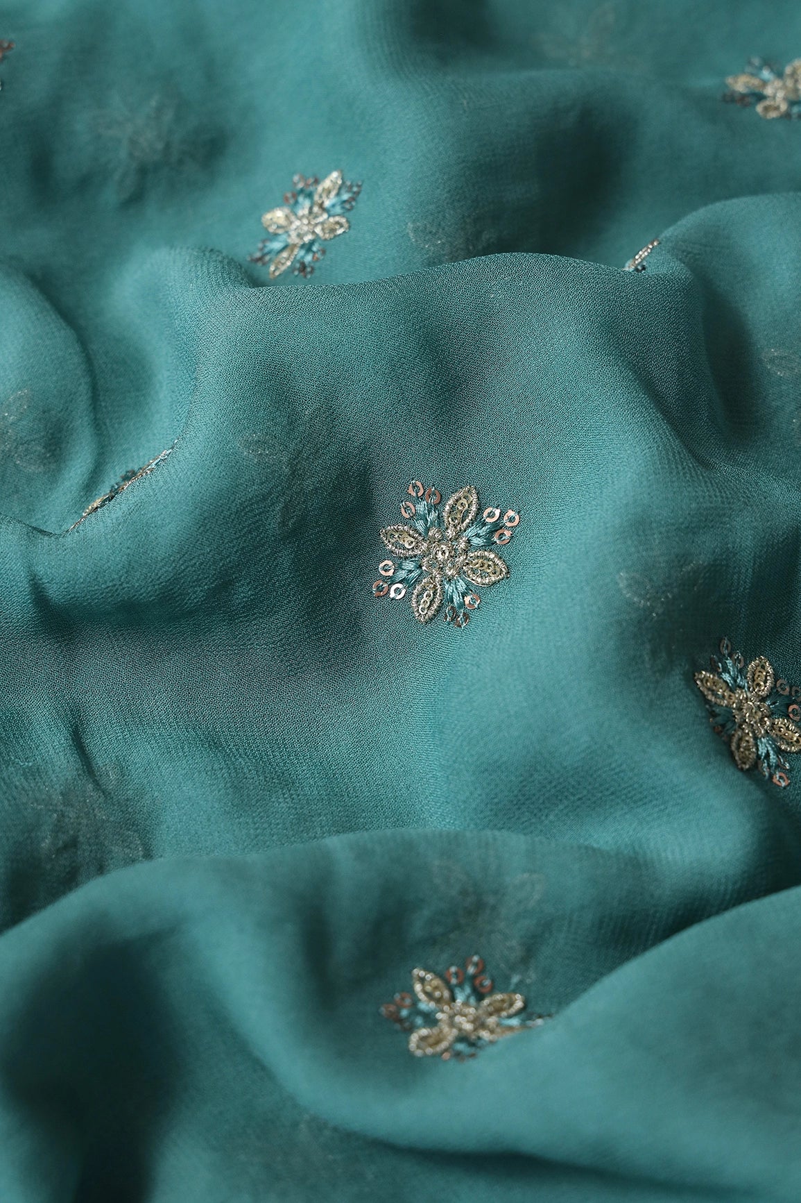 Gold Sequins And Zari Floral Booti Embroidery Work On Teal Viscose Georgette Fabric - doeraa
