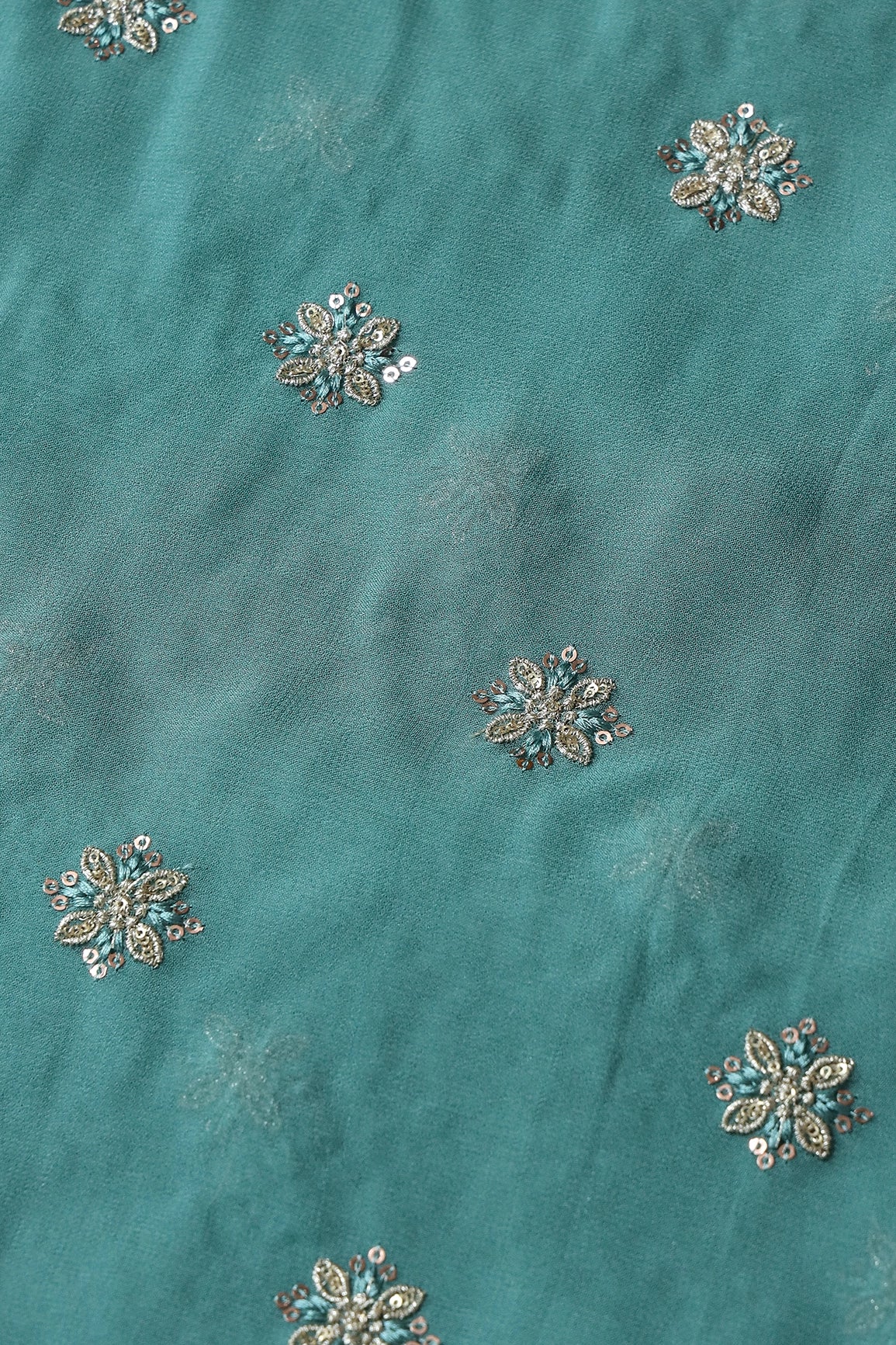 Gold Sequins And Zari Floral Booti Embroidery Work On Teal Viscose Georgette Fabric - doeraa