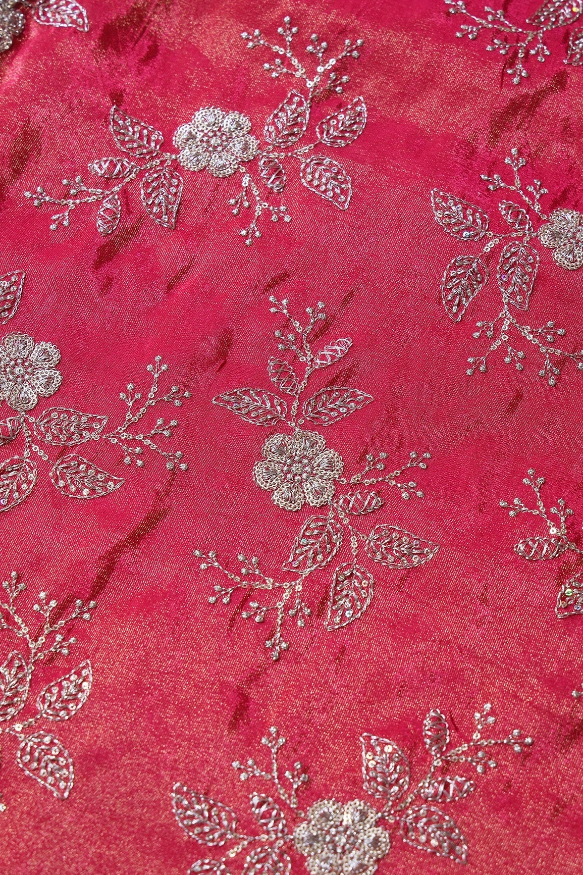 Gold Sequins And Zari Floral Embroidery Work On Cerise Pink Pure Viscose Zari Tissue Fabric - doeraa