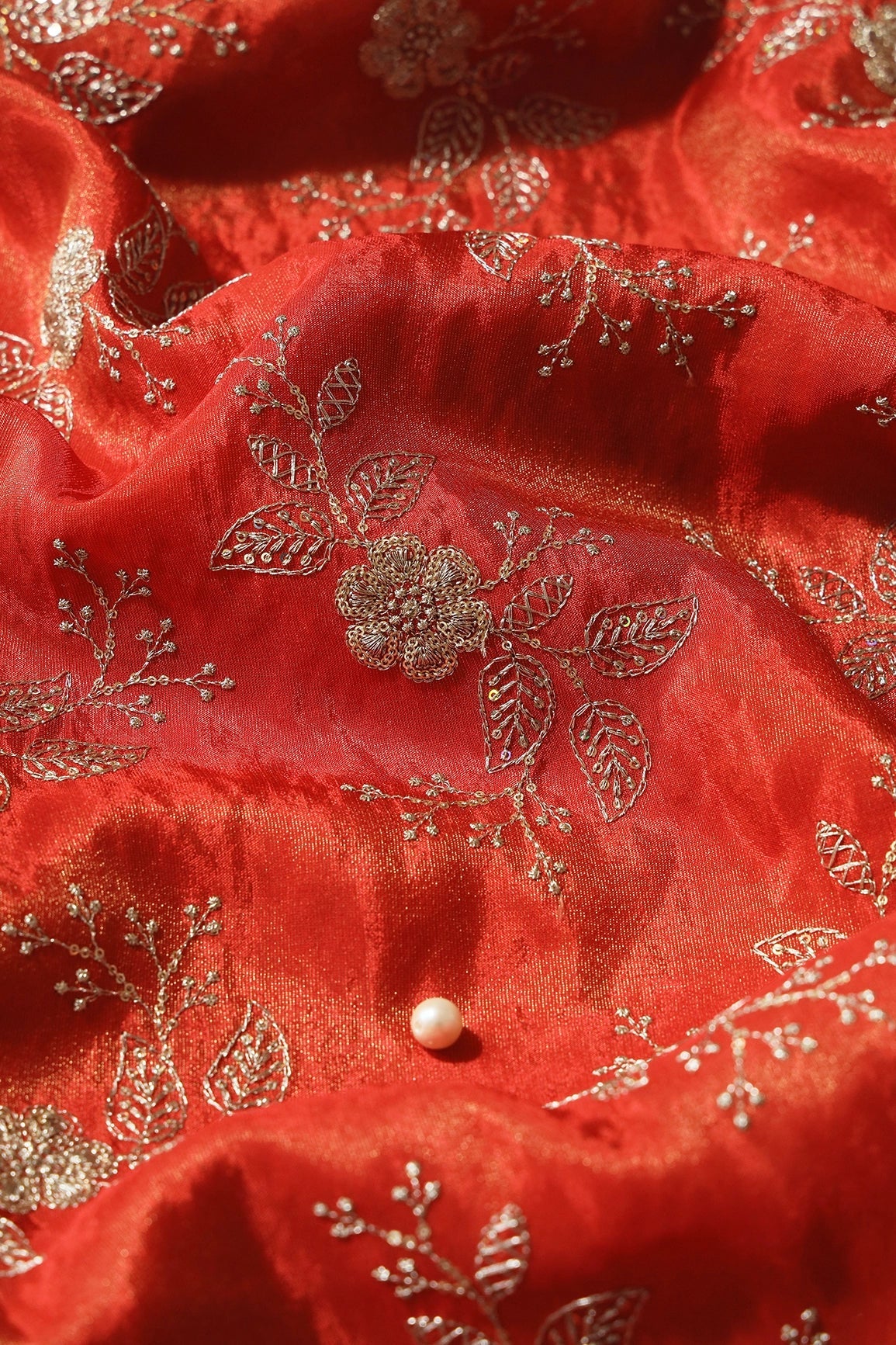 Gold Sequins And Zari Floral Embroidery Work On Dark Orange Pure Viscose Zari Tissue Fabric - doeraa