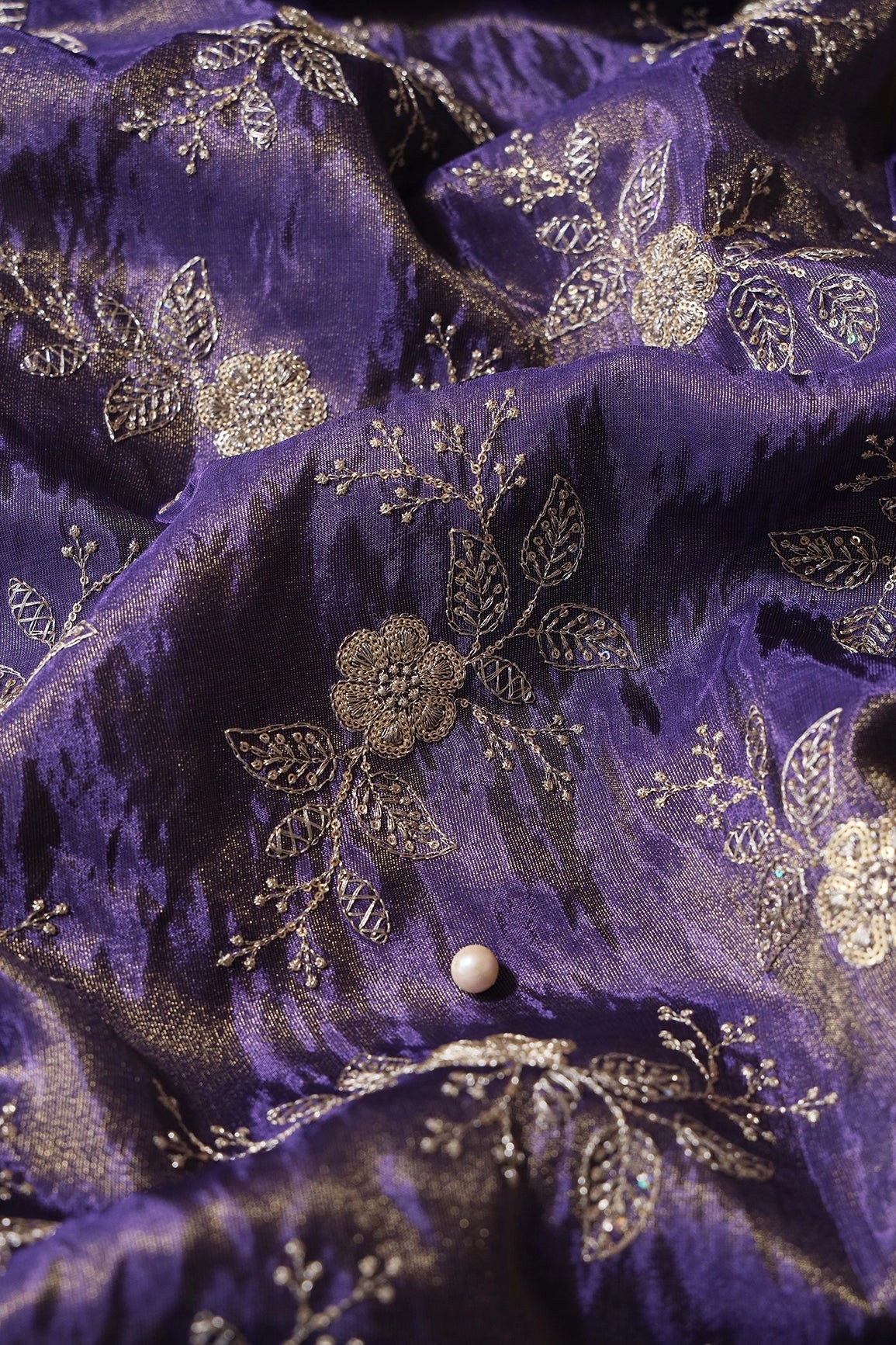Gold Sequins And Zari Floral Embroidery Work On Purple Pure Viscose Zari Tissue Fabric - doeraa