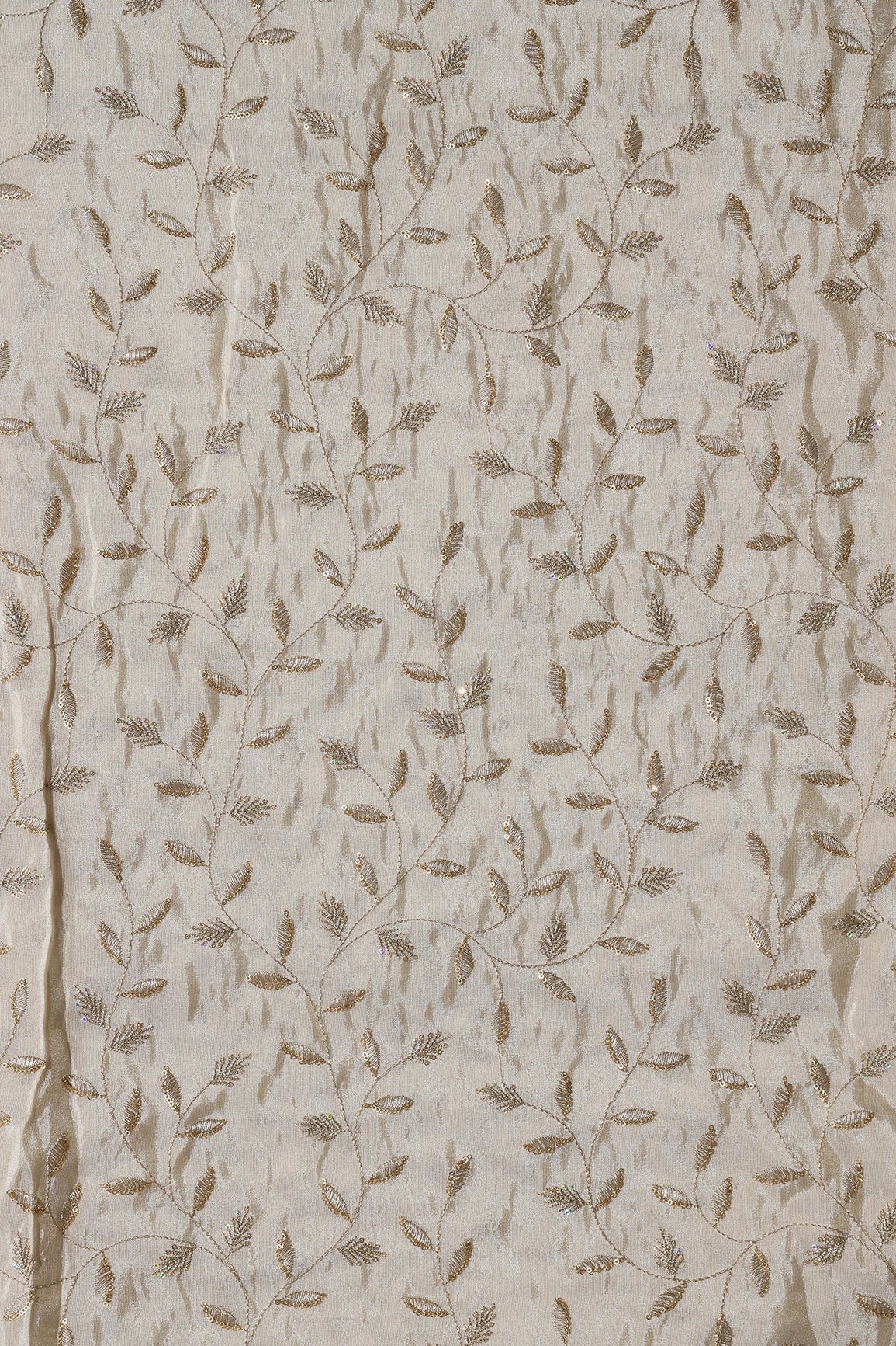 Gold Sequins And Zari Leafy Embroidery Work On Cream Pure Viscose Zari Tissue Fabric - doeraa