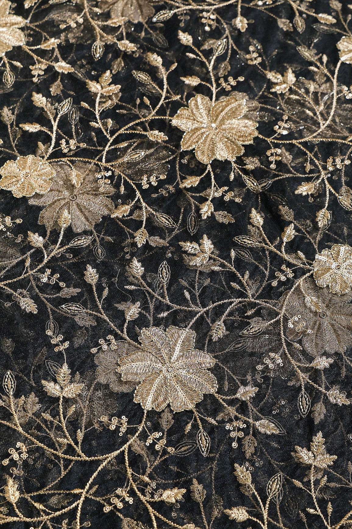 Gold Sequins & Beads With Zari Floral Leafy Embroidery Work On Black Soft Net Fabric - doeraa
