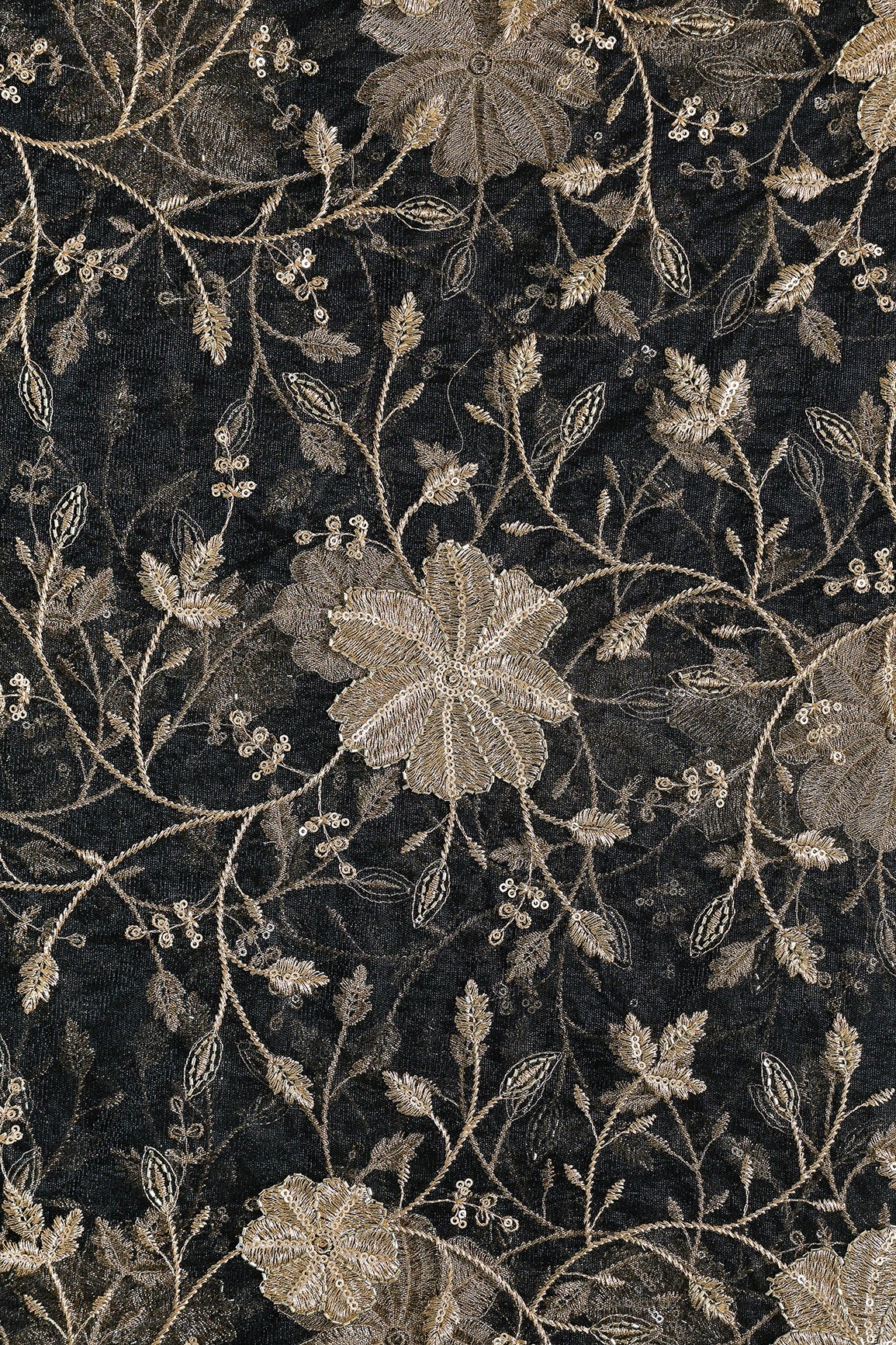 Gold Sequins & Beads With Zari Floral Leafy Embroidery Work On Black Soft Net Fabric - doeraa