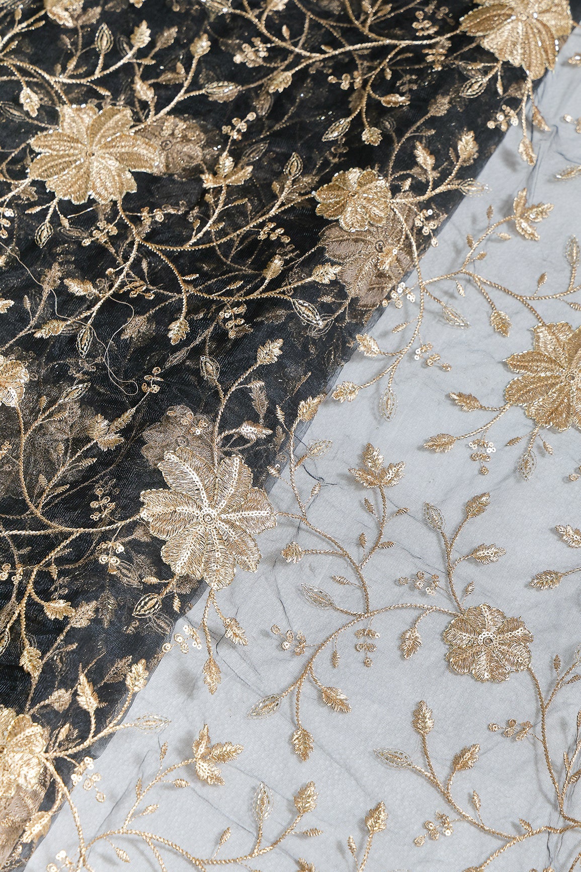 Gold Sequins & Beads With Zari Floral Leafy Embroidery Work On Black Soft Net Fabric - doeraa