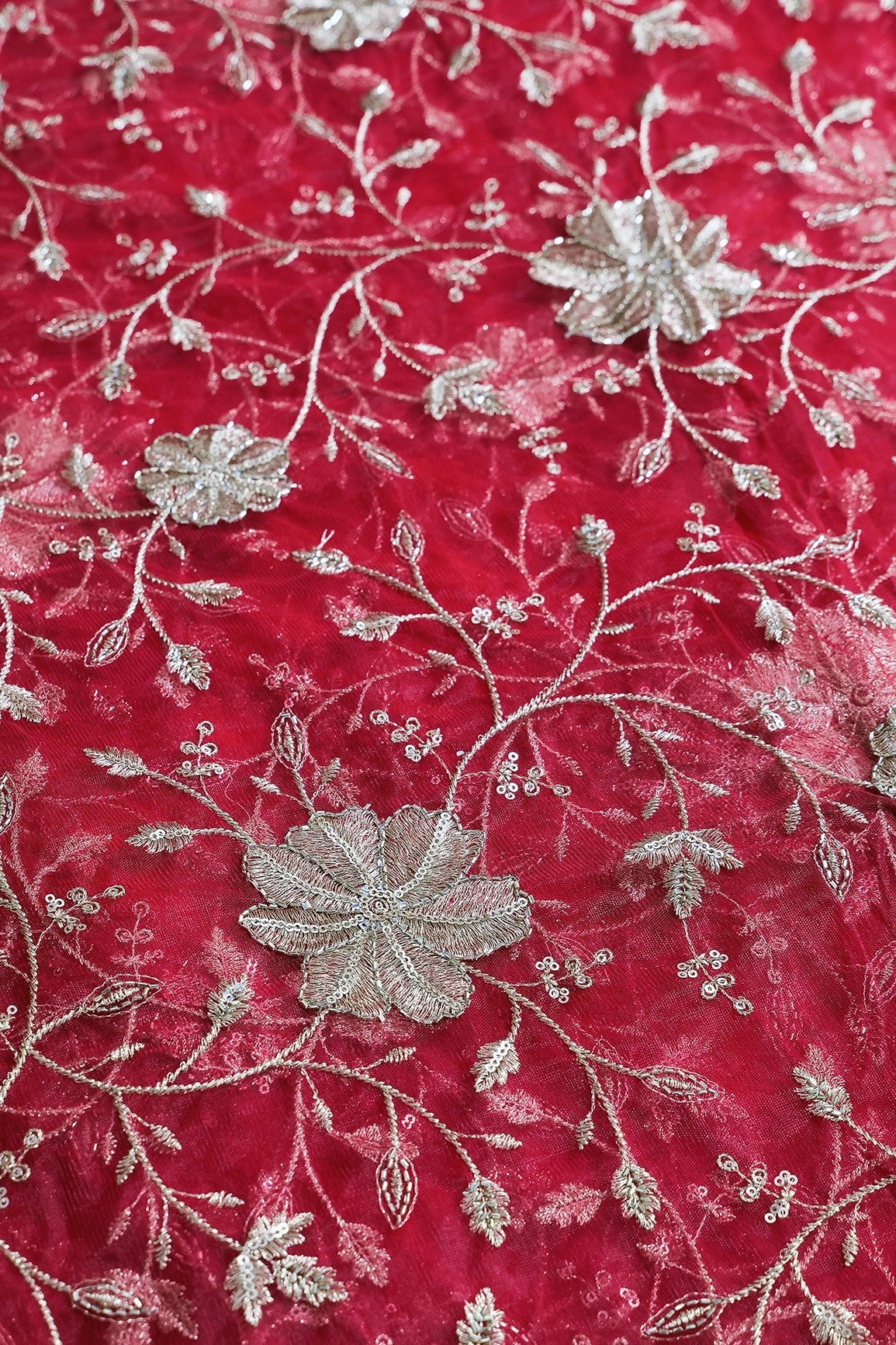 Gold Sequins & Beads With Zari Floral Leafy Embroidery Work On Cherry Red Soft Net Fabric - doeraa