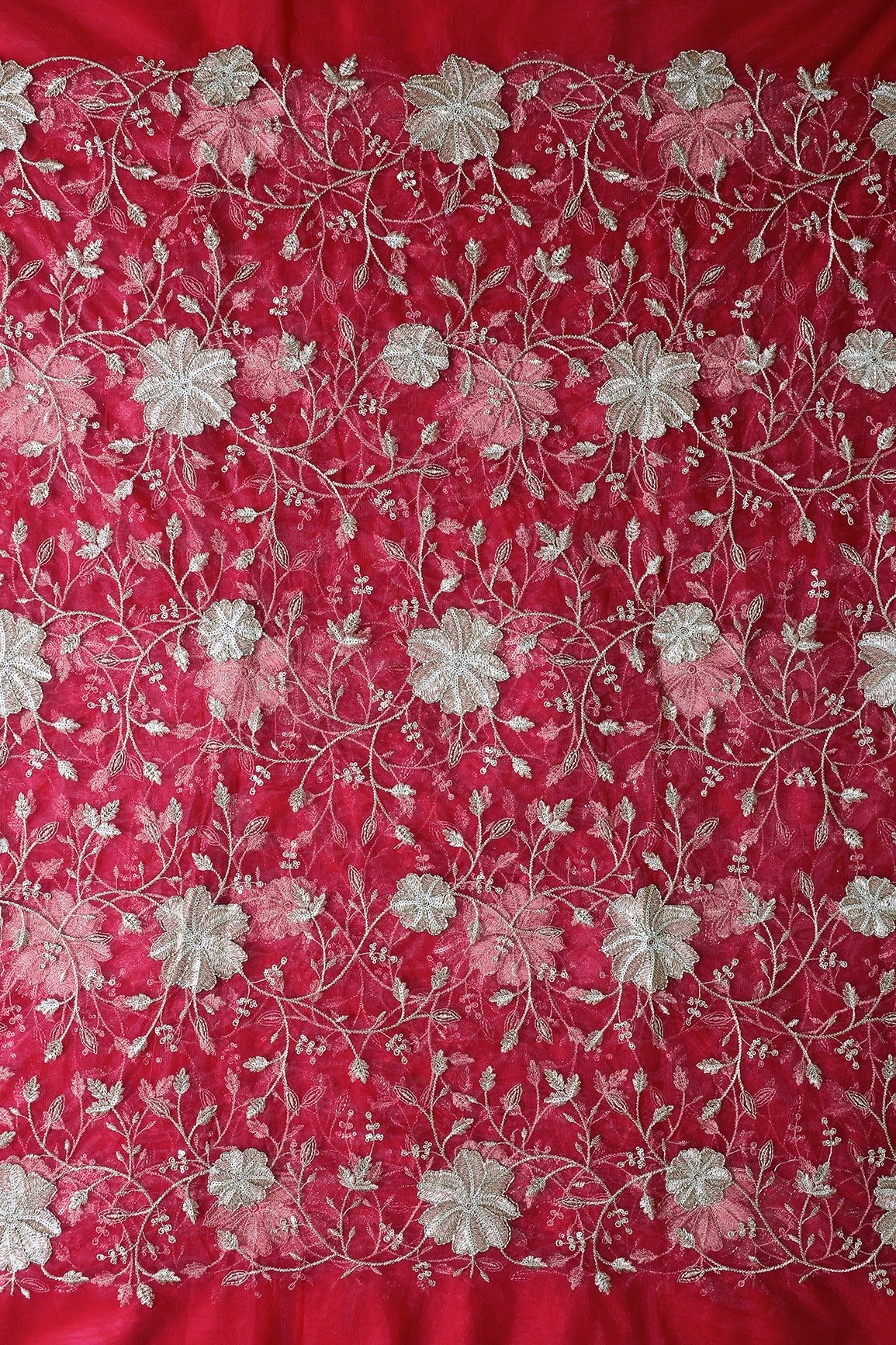 Gold Sequins & Beads With Zari Floral Leafy Embroidery Work On Cherry Red Soft Net Fabric - doeraa