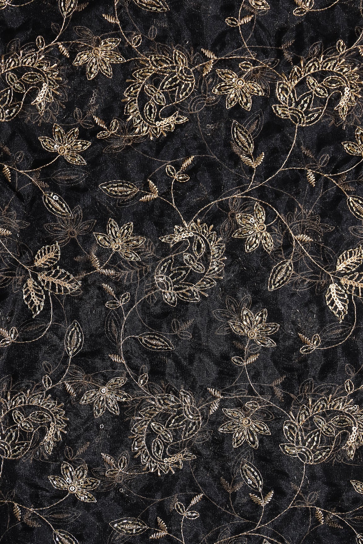 Gold Sequins & Beads With Zari Floral Leafy Paisley Embroidery Work On Black Organza Fabric - doeraa