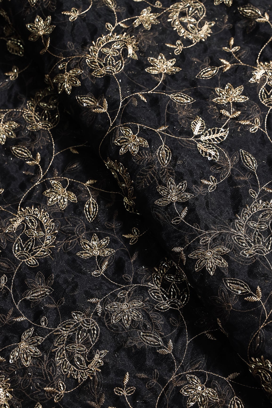 Gold Sequins & Beads With Zari Floral Leafy Paisley Embroidery Work On Black Organza Fabric - doeraa