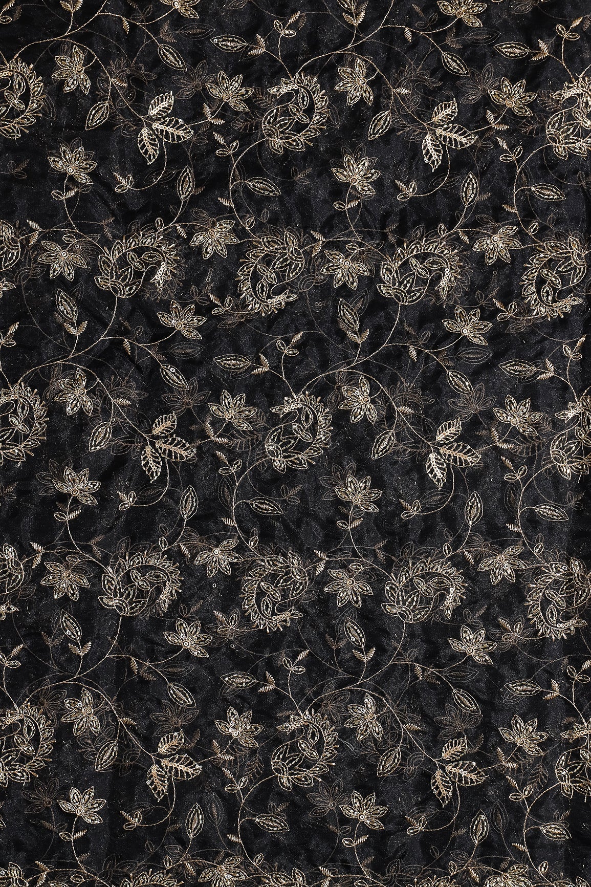 Gold Sequins & Beads With Zari Floral Leafy Paisley Embroidery Work On Black Organza Fabric - doeraa