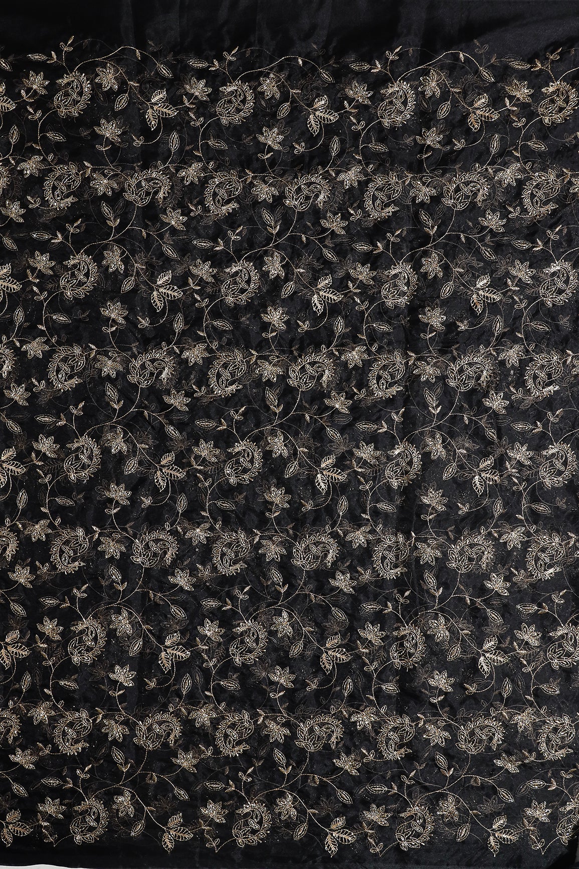Gold Sequins & Beads With Zari Floral Leafy Paisley Embroidery Work On Black Organza Fabric - doeraa