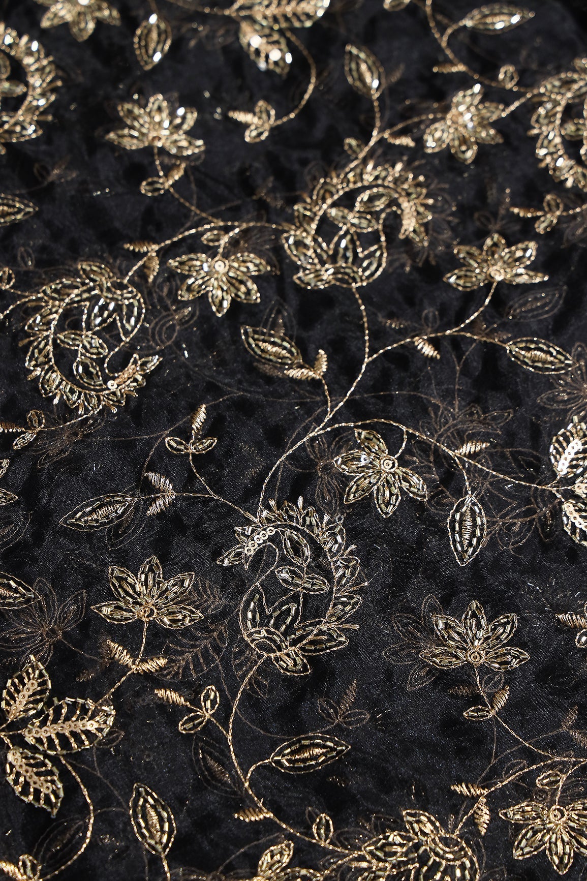 Gold Sequins & Beads With Zari Floral Leafy Paisley Embroidery Work On Black Organza Fabric - doeraa