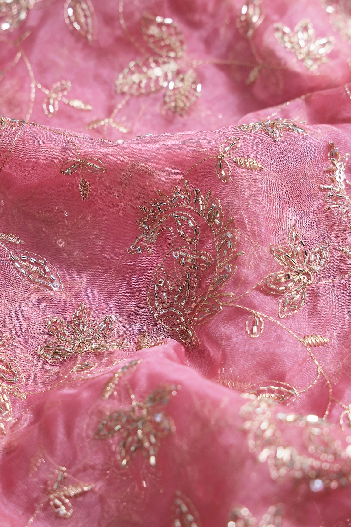 Gold Sequins & Beads With Zari Floral Leafy Paisley Embroidery Work On Dusty Rose Pink Organza Fabric - doeraa