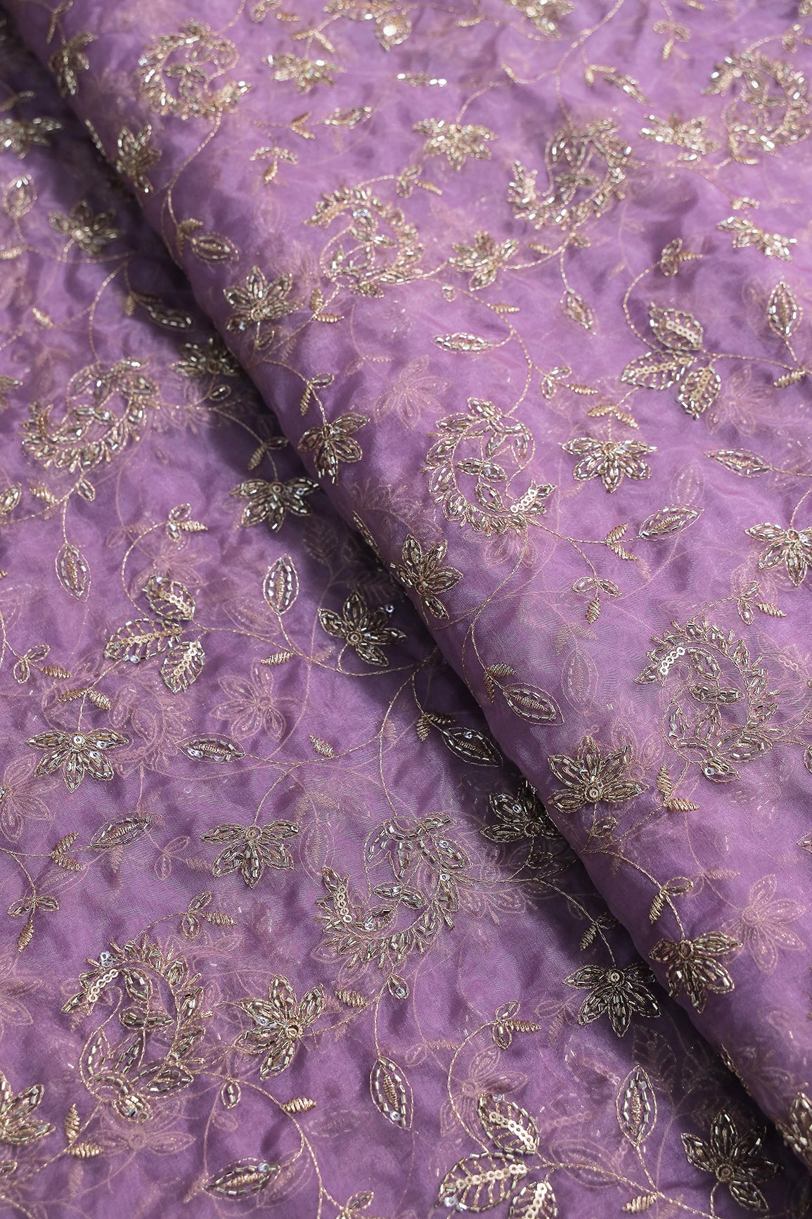 Gold Sequins & Beads With Zari Floral Leafy Paisley Embroidery Work On Lavender Organza Fabric - doeraa