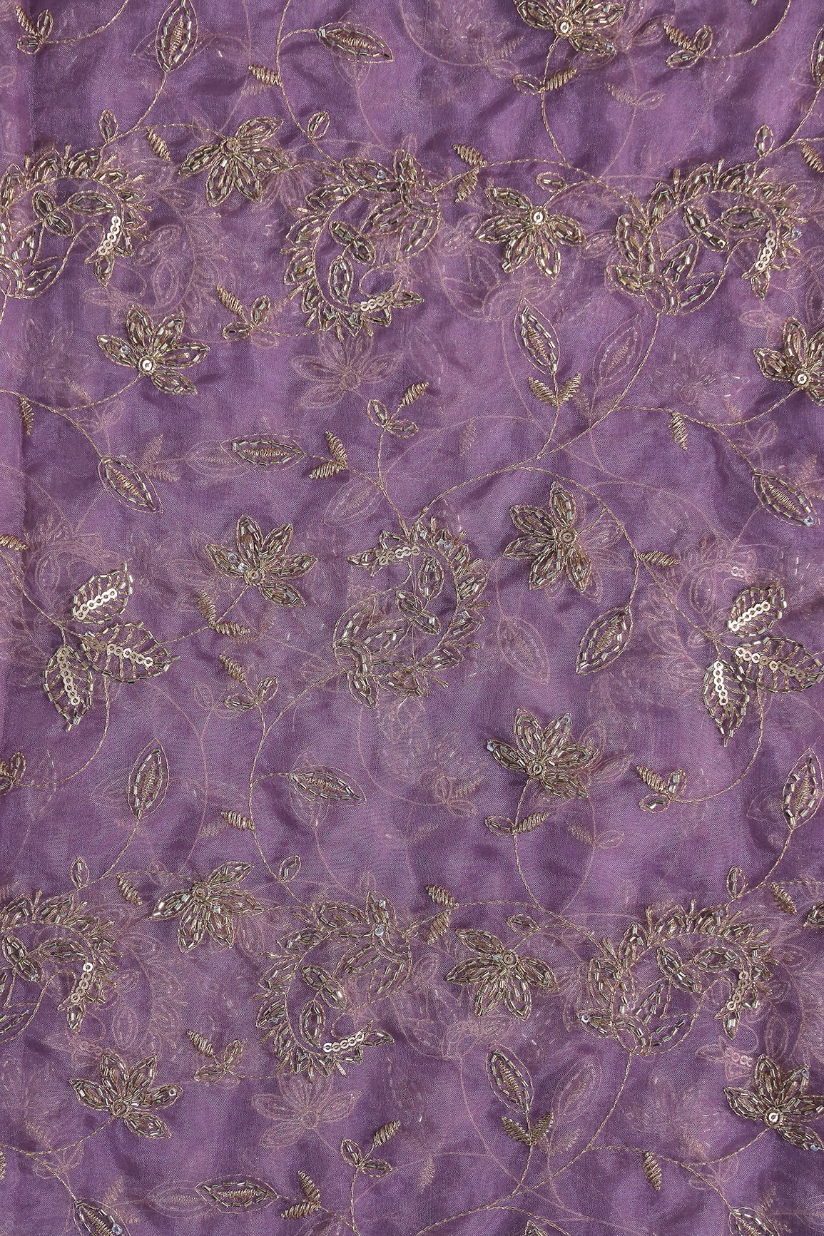 Gold Sequins & Beads With Zari Floral Leafy Paisley Embroidery Work On Lavender Organza Fabric - doeraa
