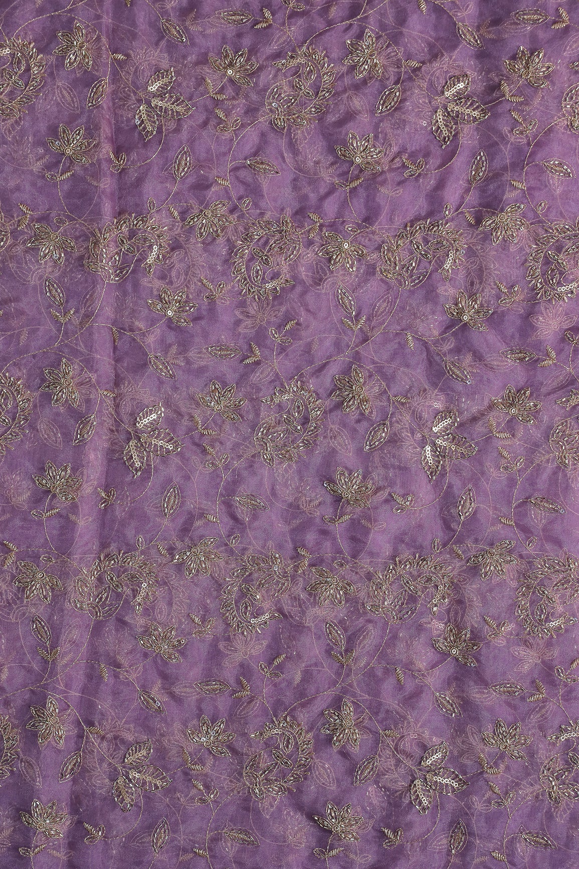 Gold Sequins & Beads With Zari Floral Leafy Paisley Embroidery Work On Lavender Organza Fabric - doeraa
