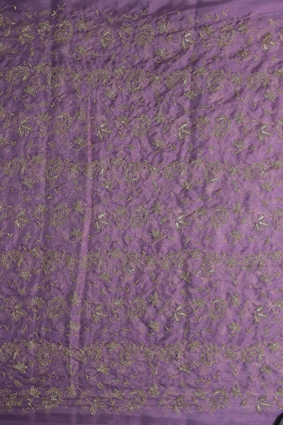 Gold Sequins & Beads With Zari Floral Leafy Paisley Embroidery Work On Lavender Organza Fabric - doeraa