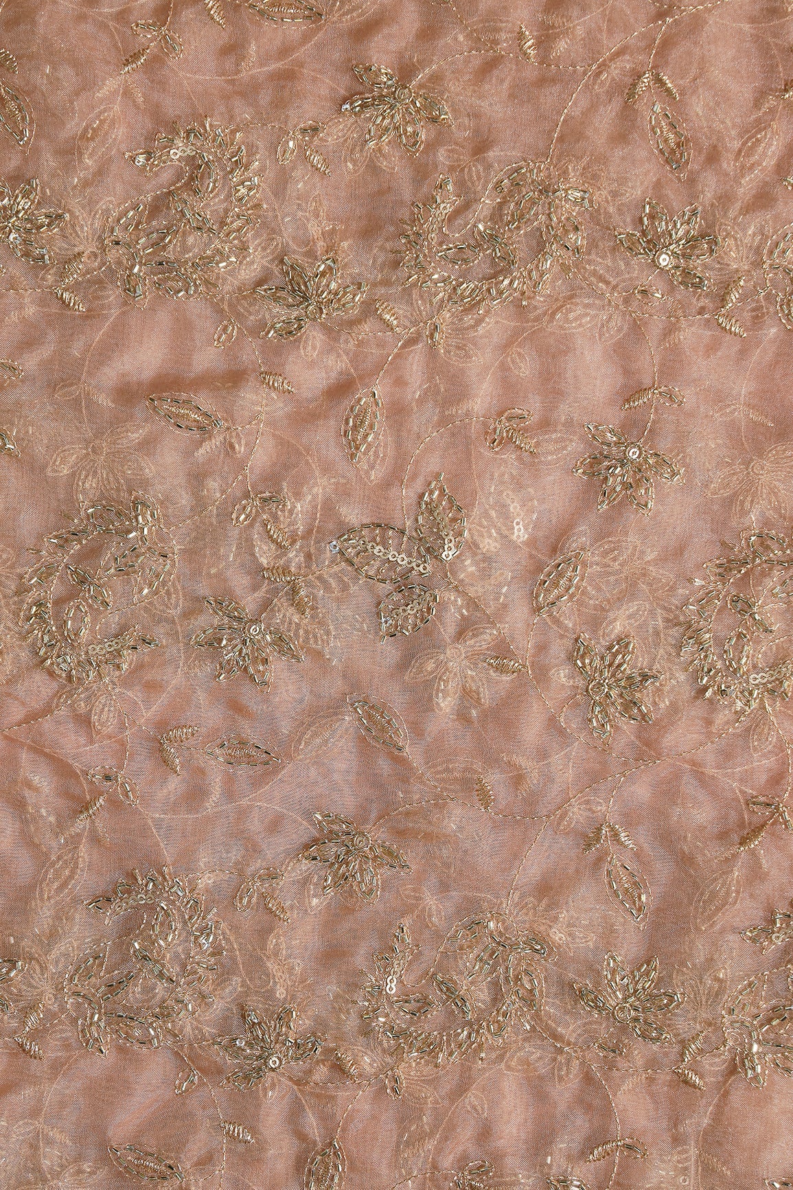 Gold Sequins & Beads With Zari Floral Leafy Paisley Embroidery Work On Light Brown Organza Fabric - doeraa